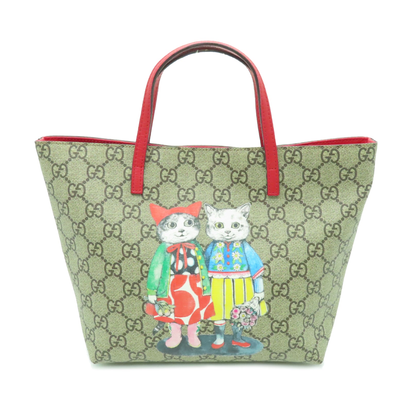 GUCCI 塗層帆布Handbag銀扣手挽袋啡色/紅色