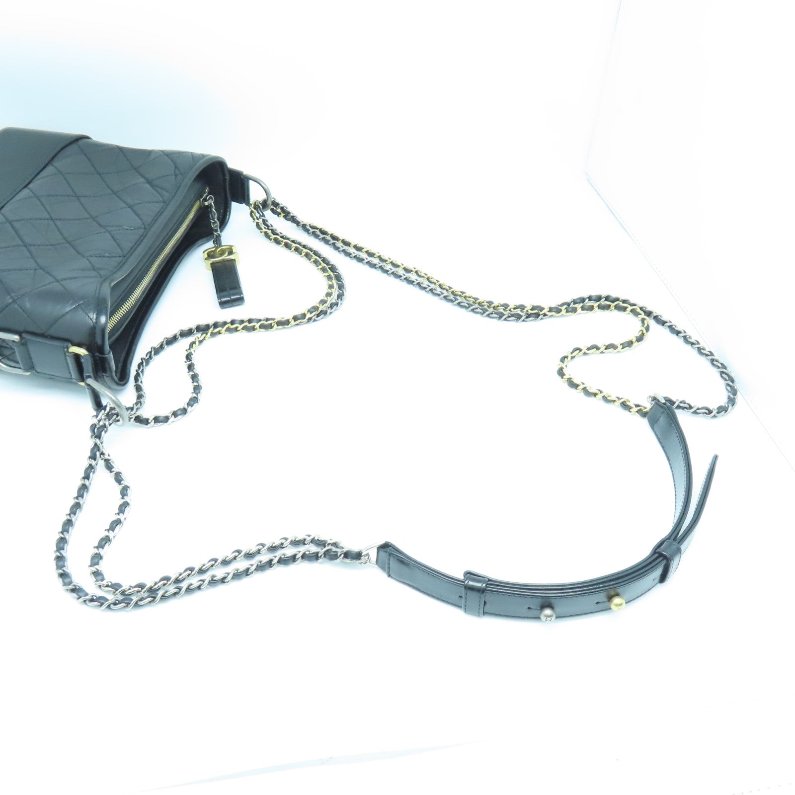 CHANEL rhombic cowhide leather Gabrielle gold and silver buckle chain shoulder bag black