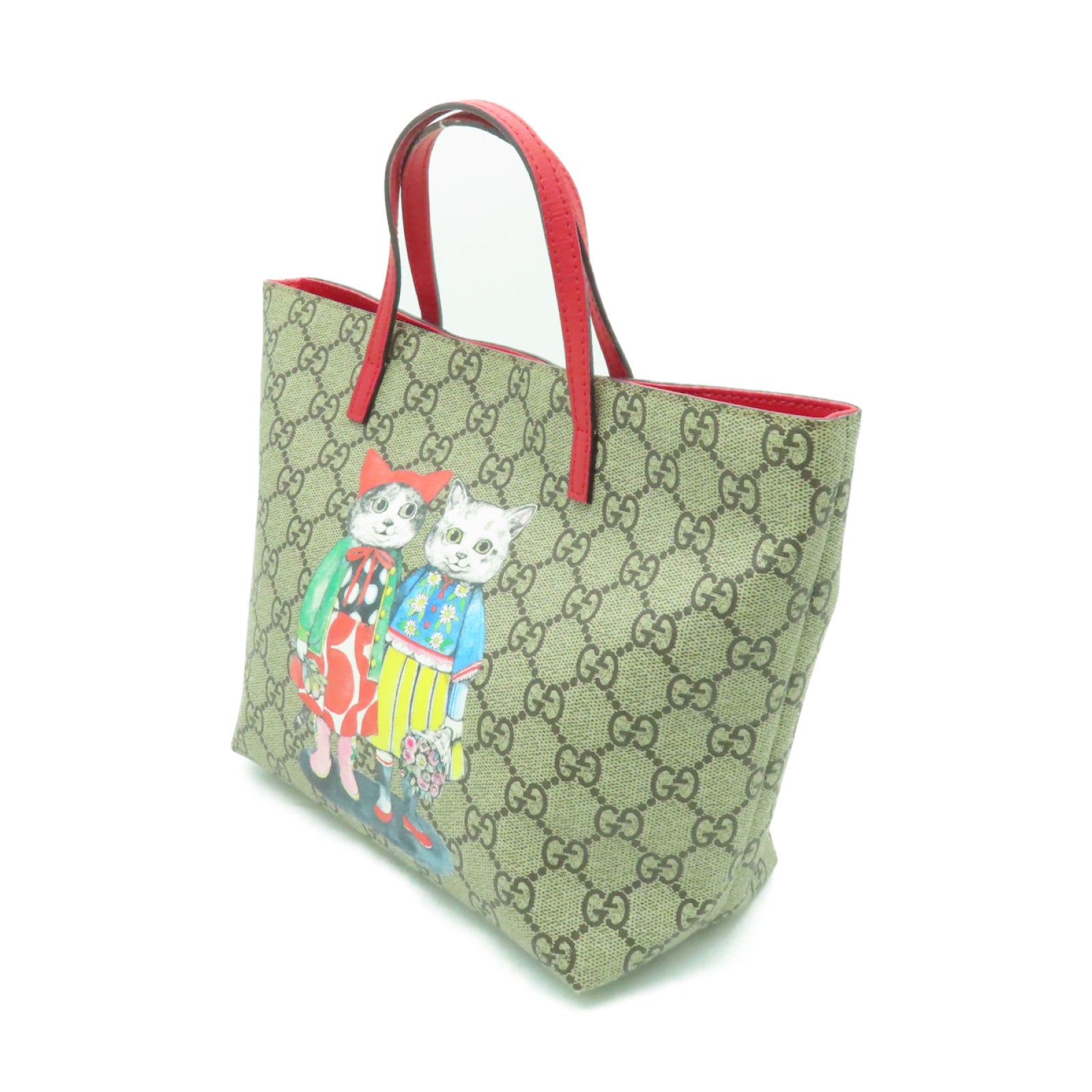 GUCCI 塗層帆布Handbag銀扣手挽袋啡色/紅色