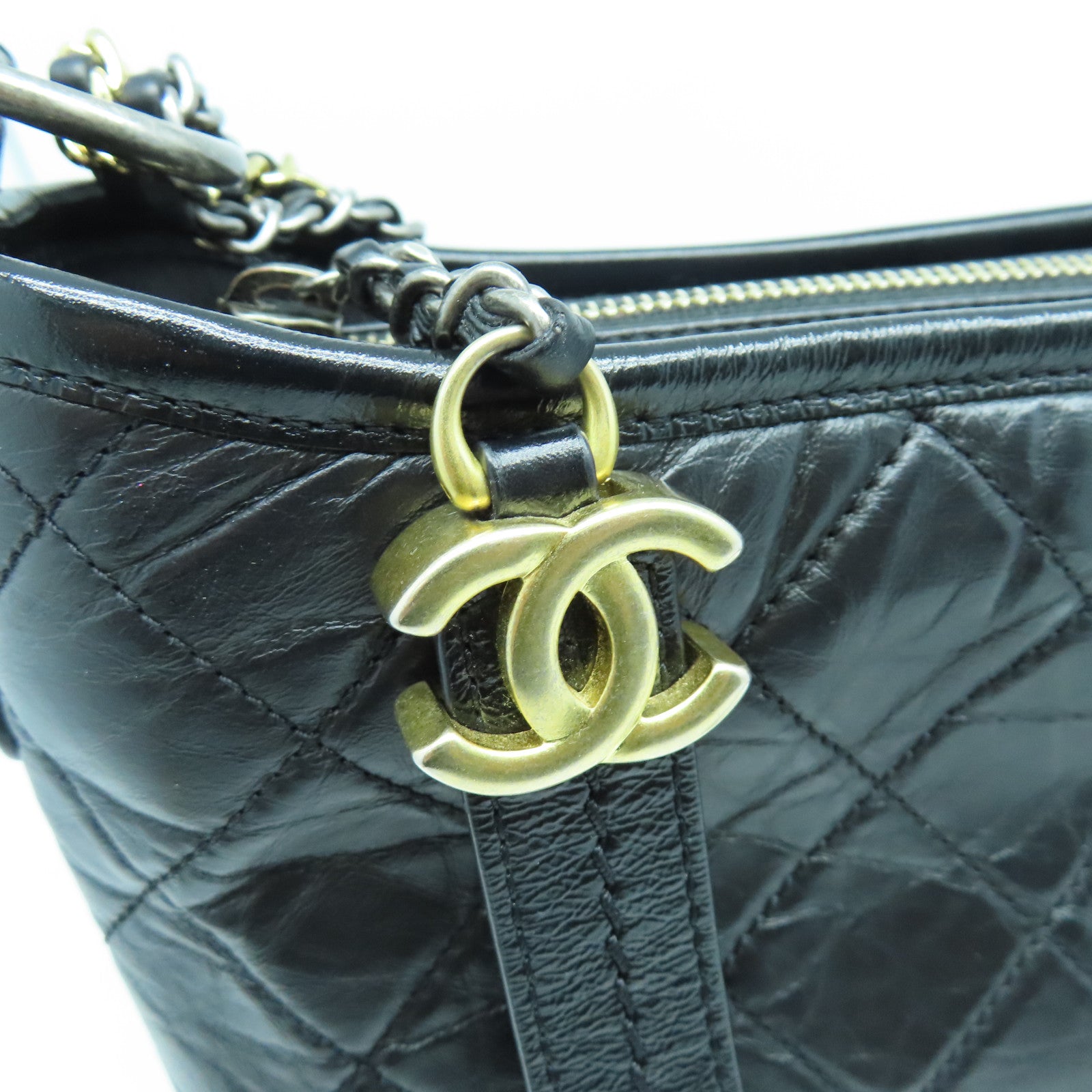 CHANEL rhombic cowhide leather Gabrielle gold and silver buckle chain shoulder bag black