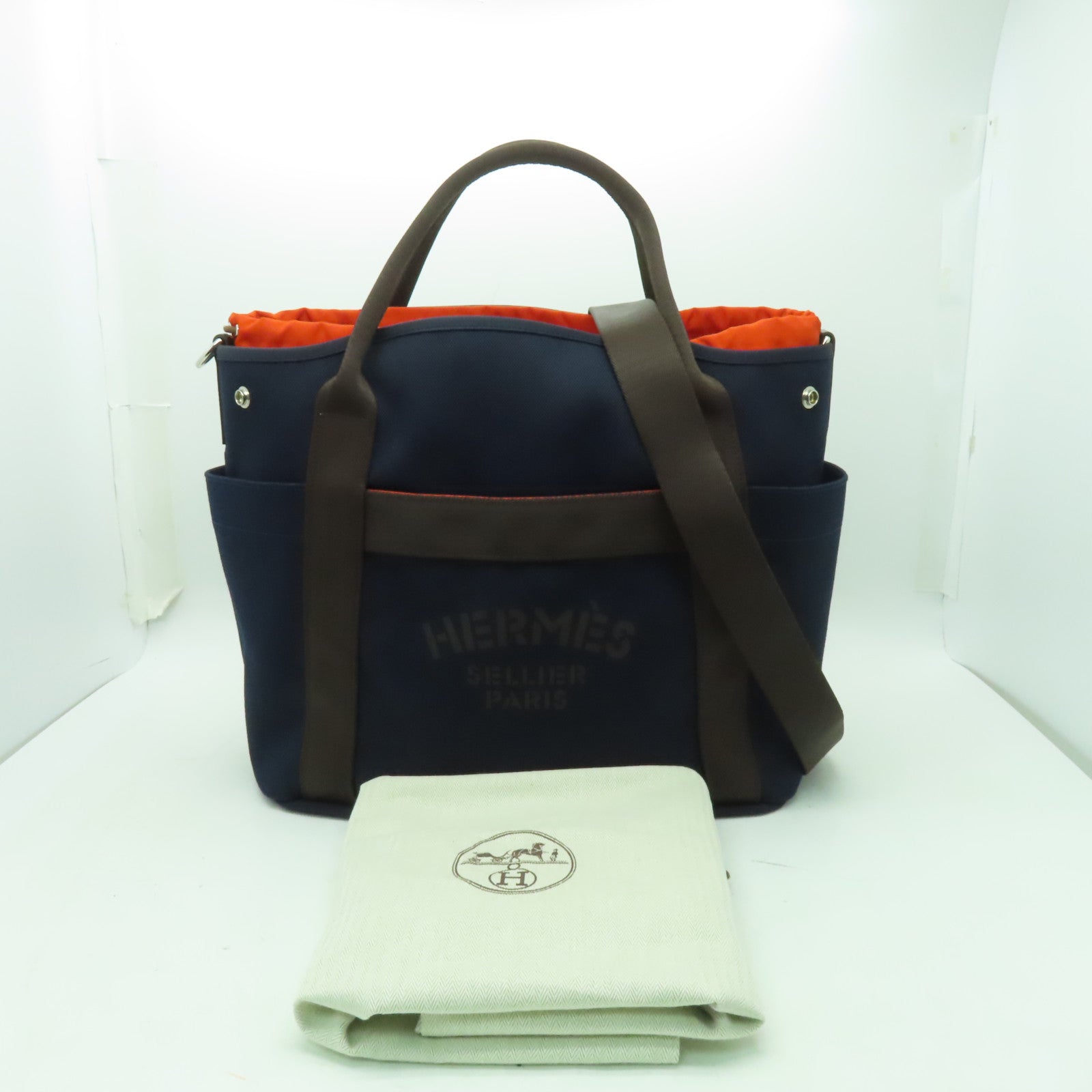 HERMES 帆布Pansage Groom銀扣手挽袋深藍色