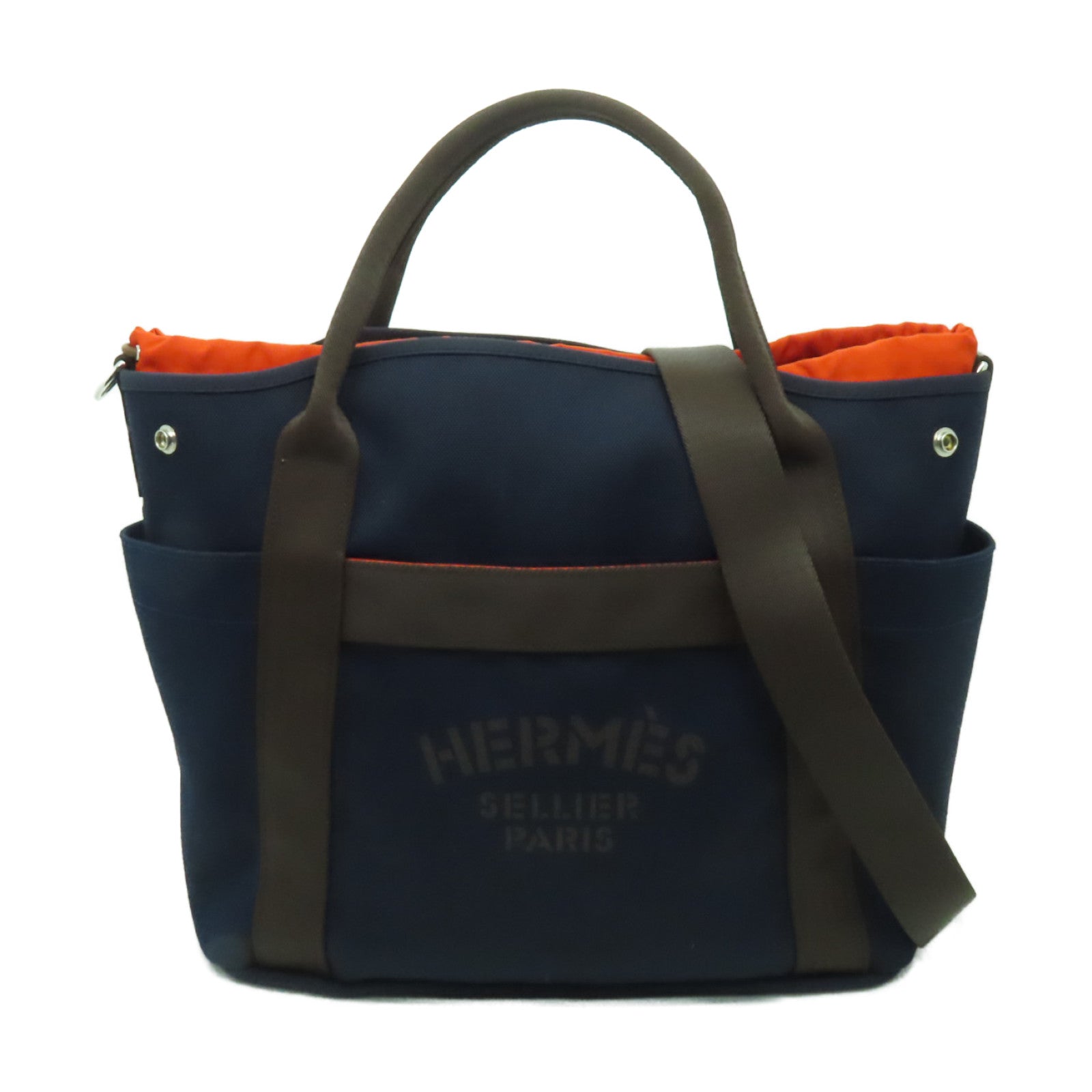 HERMES 帆布Pansage Groom銀扣手挽袋深藍色