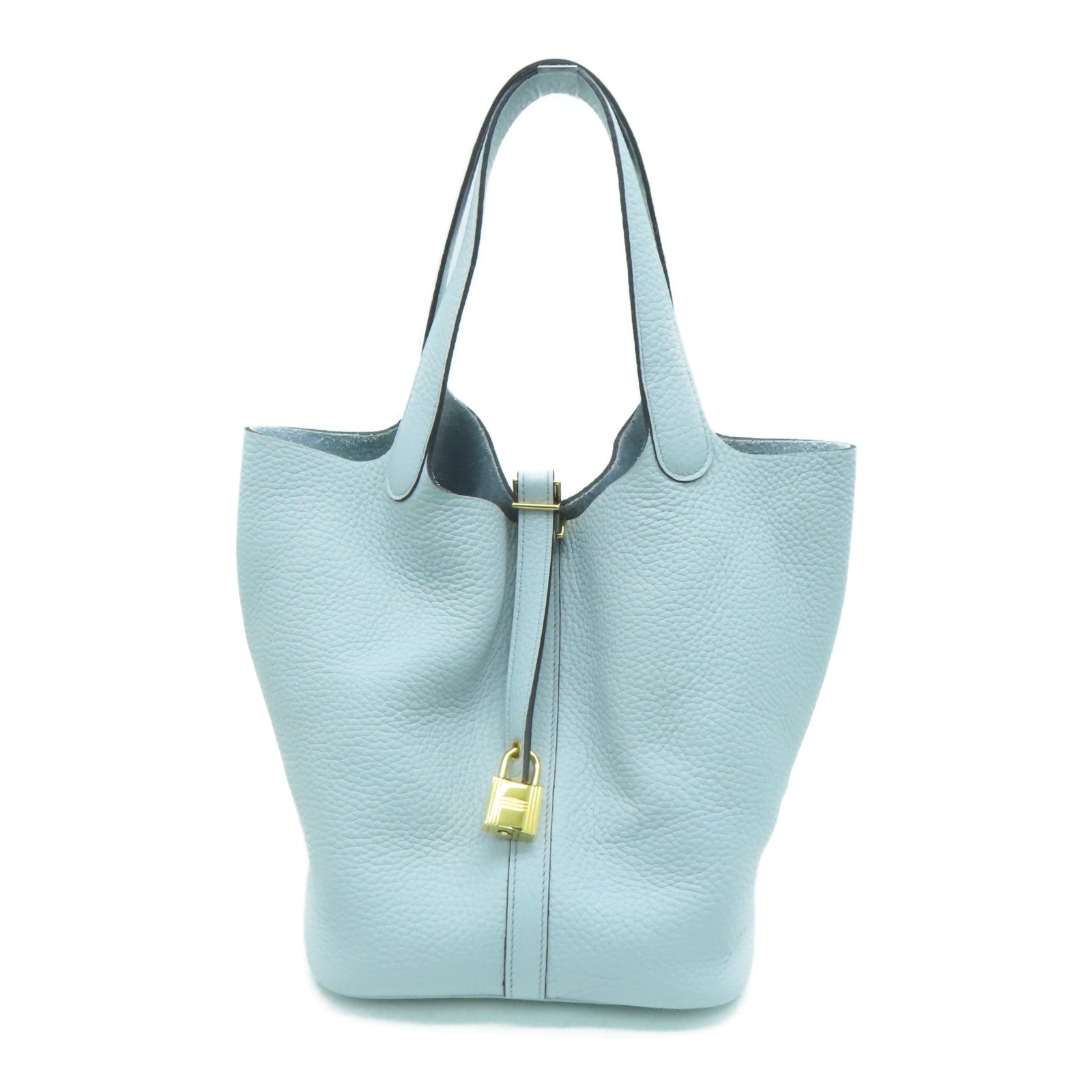 HERMES Clemence皮革Picotin MM金扣手挽袋Blue Brume/淺藍色