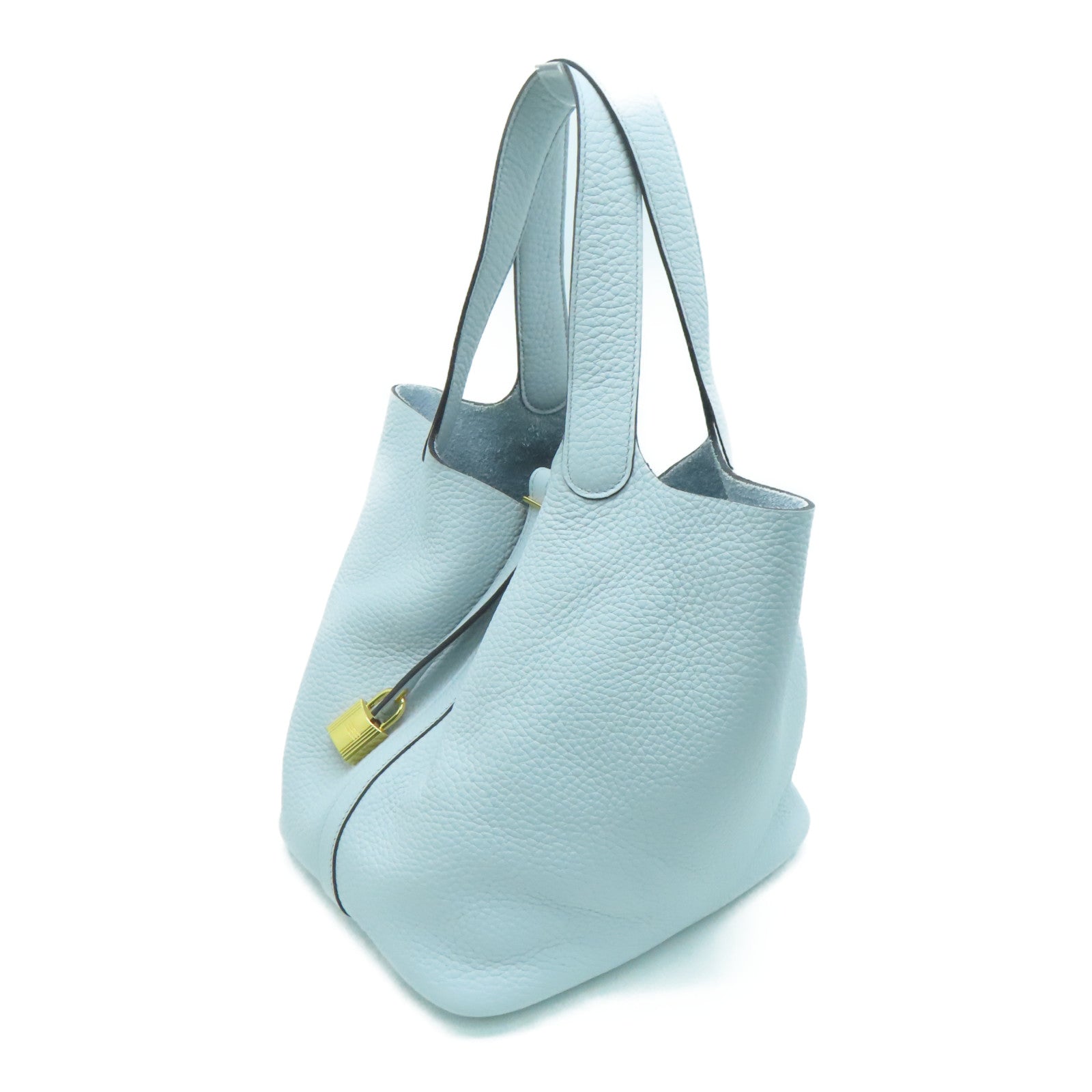 HERMES Clemence皮革Picotin MM金扣手挽袋Blue Brume/淺藍色