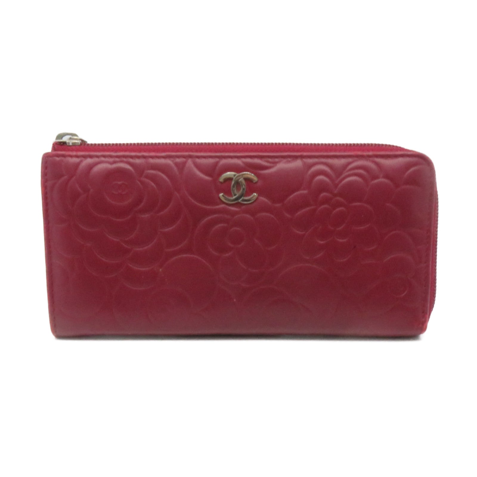CHANEL sheepskin leather Long Wallet silver buckle long wallet red