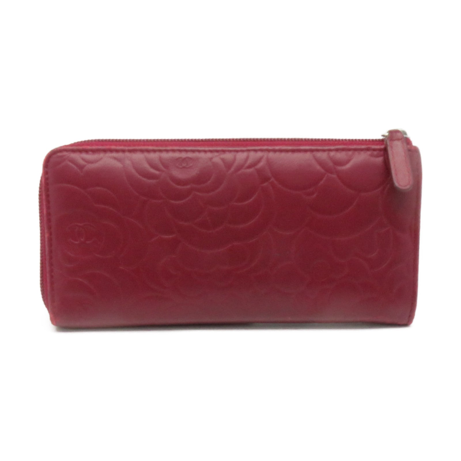 CHANEL sheepskin leather Long Wallet silver buckle long wallet red