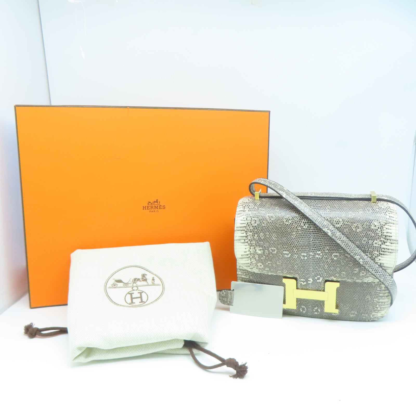 HERMES 蜥蝪皮革Mini Constance金扣肩背袋米色/啡色