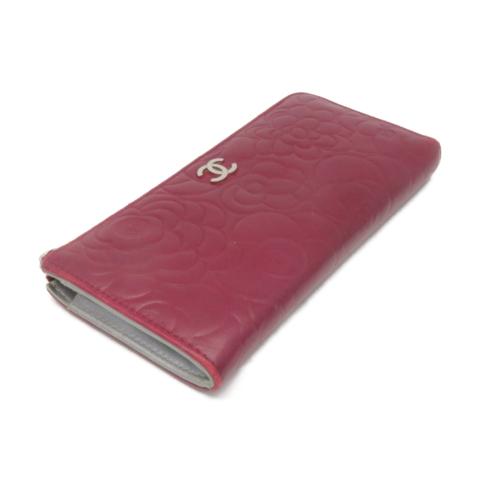 CHANEL sheepskin leather Long Wallet silver buckle long wallet red
