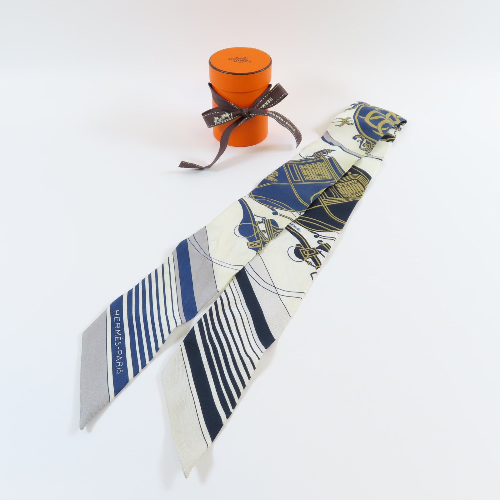 HERMES 絲質Twilly Scarf絲巾深藍色/米色