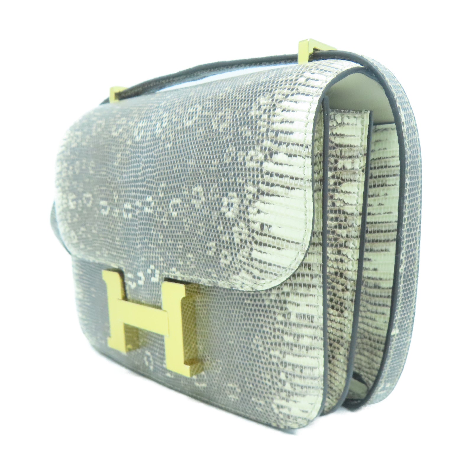 HERMES 蜥蝪皮革Mini Constance金扣肩背袋米色/啡色