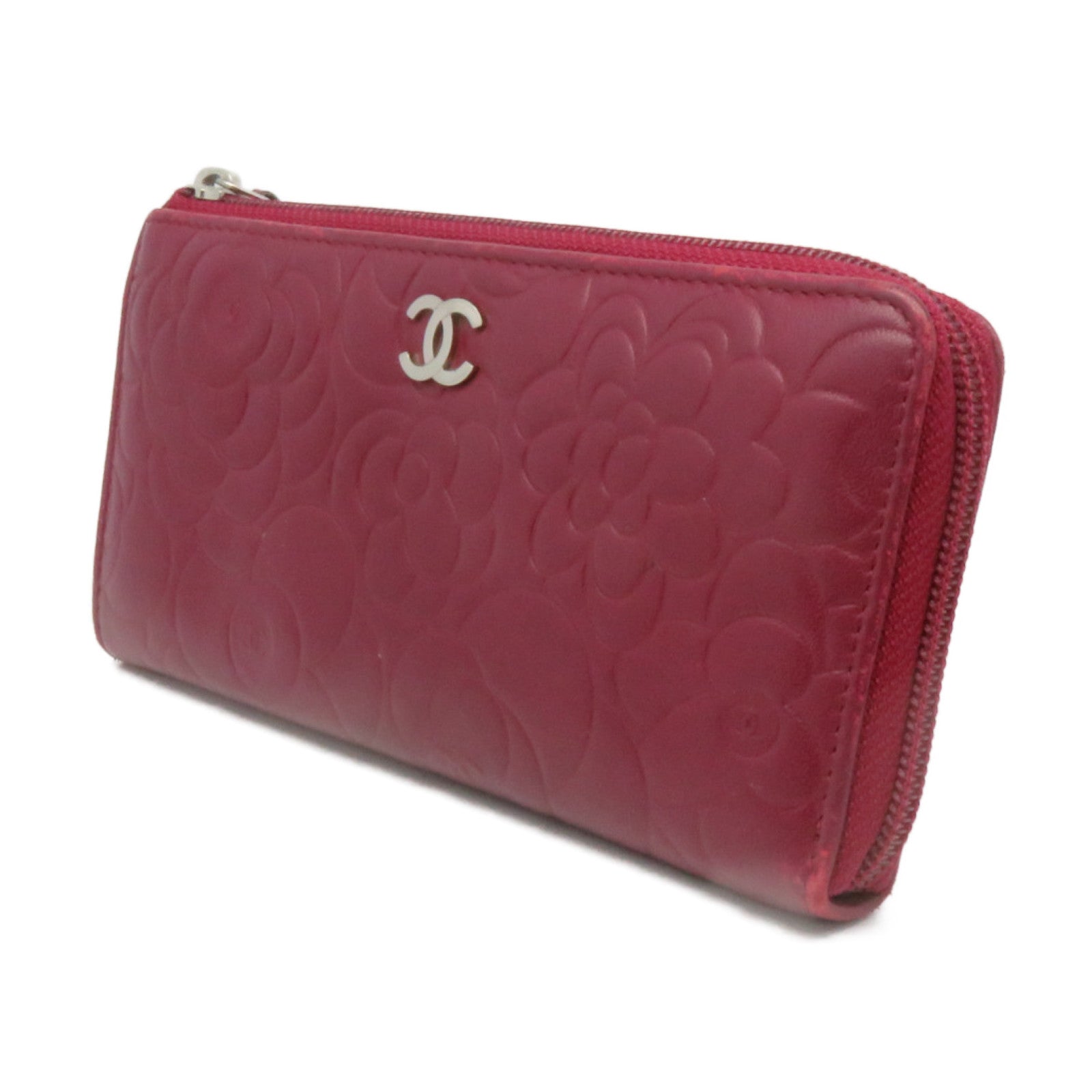 CHANEL sheepskin leather Long Wallet silver buckle long wallet red