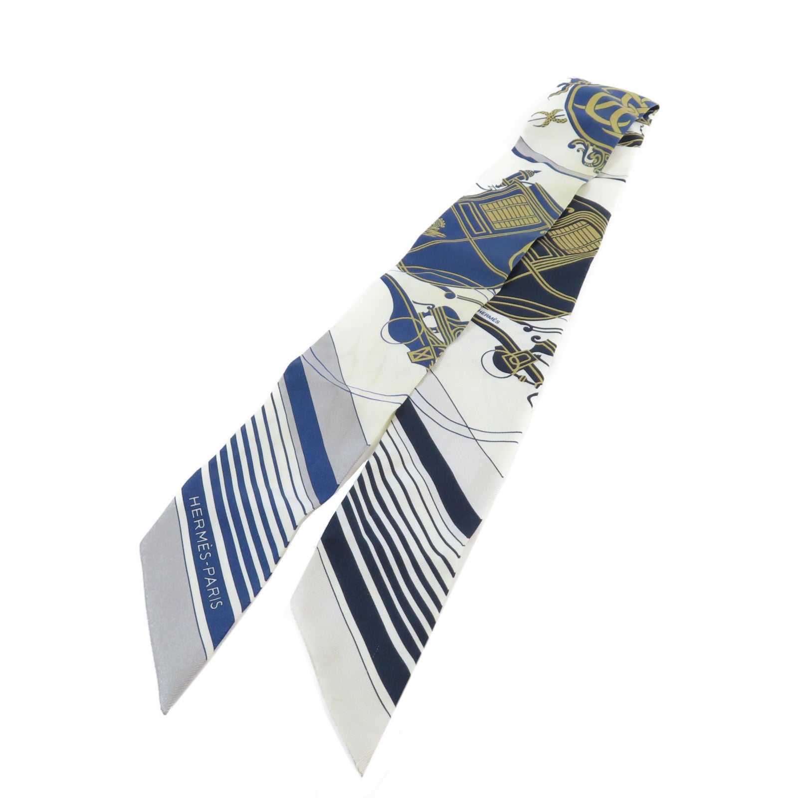HERMES 絲質Twilly Scarf絲巾深藍色/米色