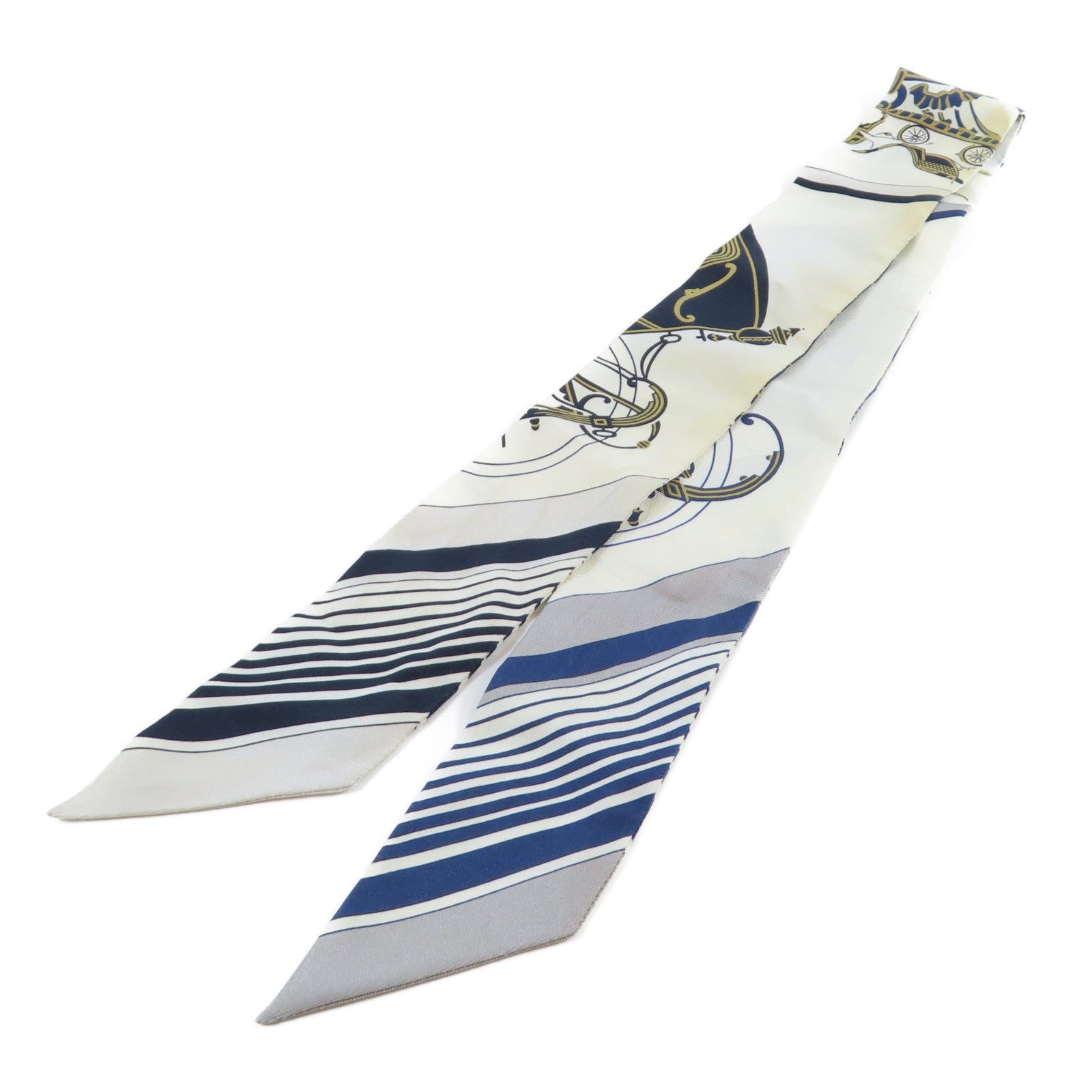HERMES 絲質Twilly Scarf絲巾深藍色/米色