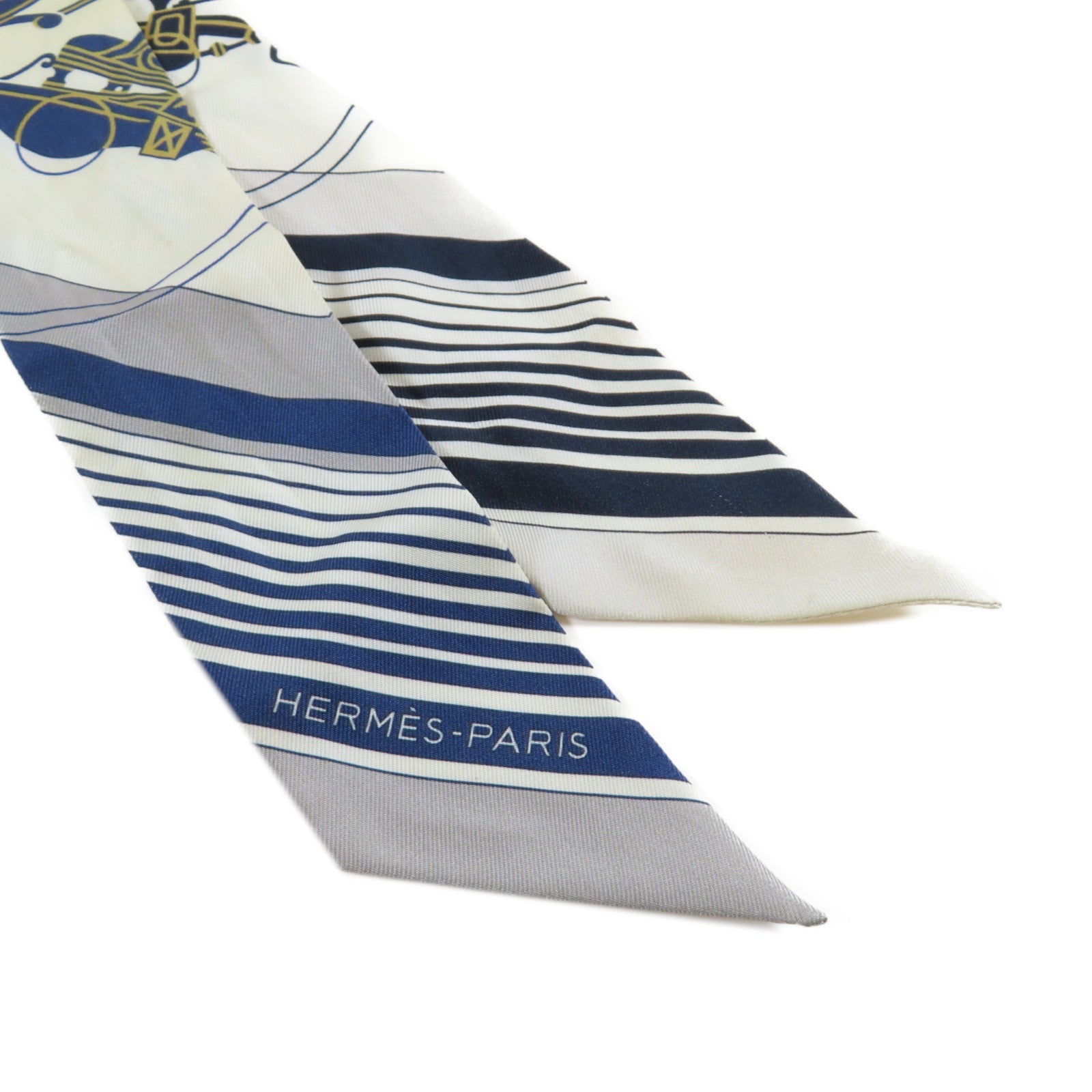 HERMES 絲質Twilly Scarf絲巾深藍色/米色