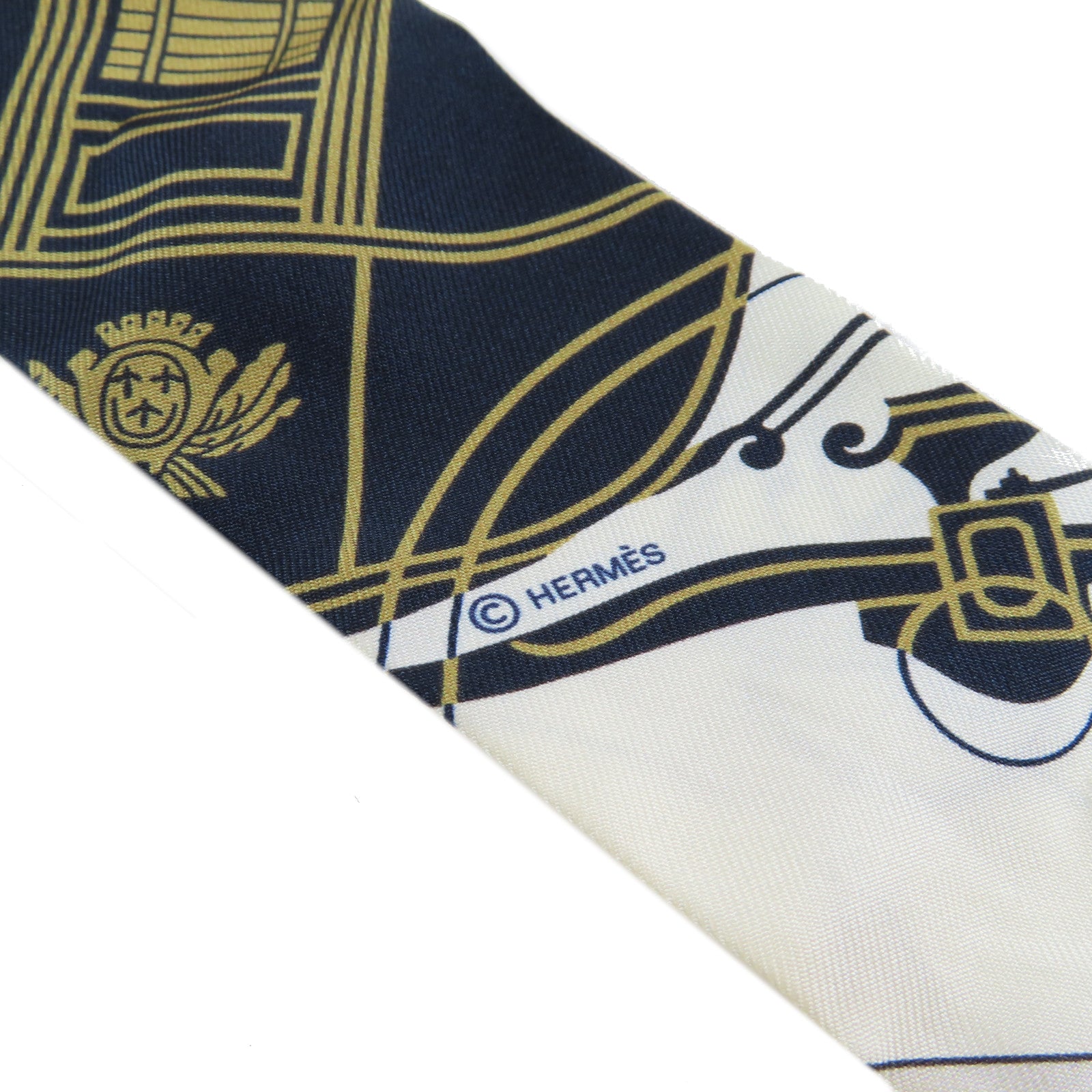 HERMES 絲質Twilly Scarf絲巾深藍色/米色