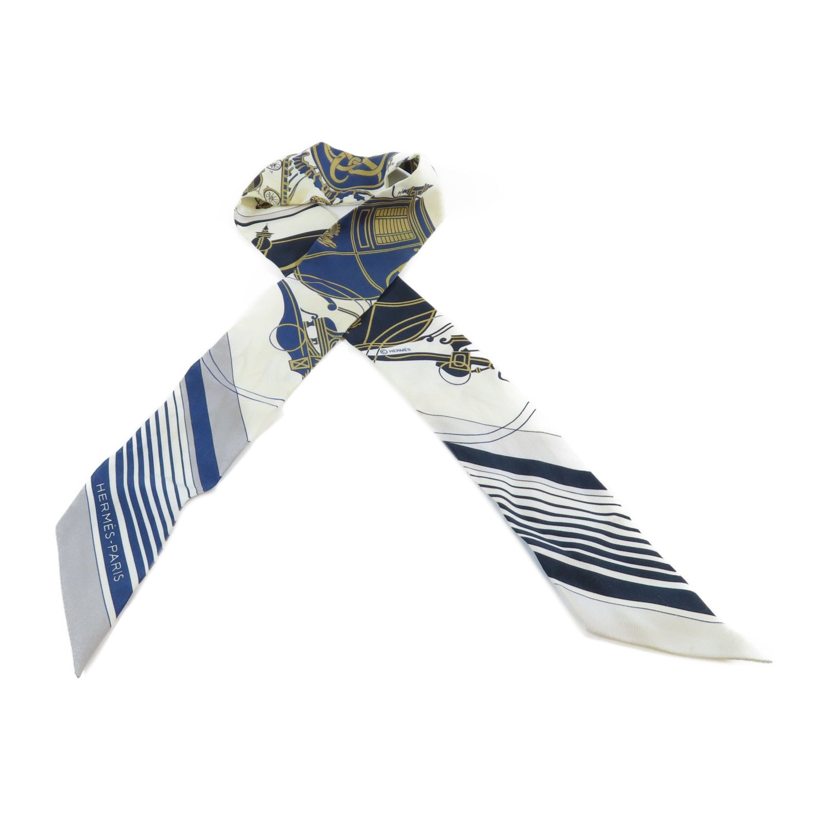 HERMES 絲質Twilly Scarf絲巾深藍色/米色