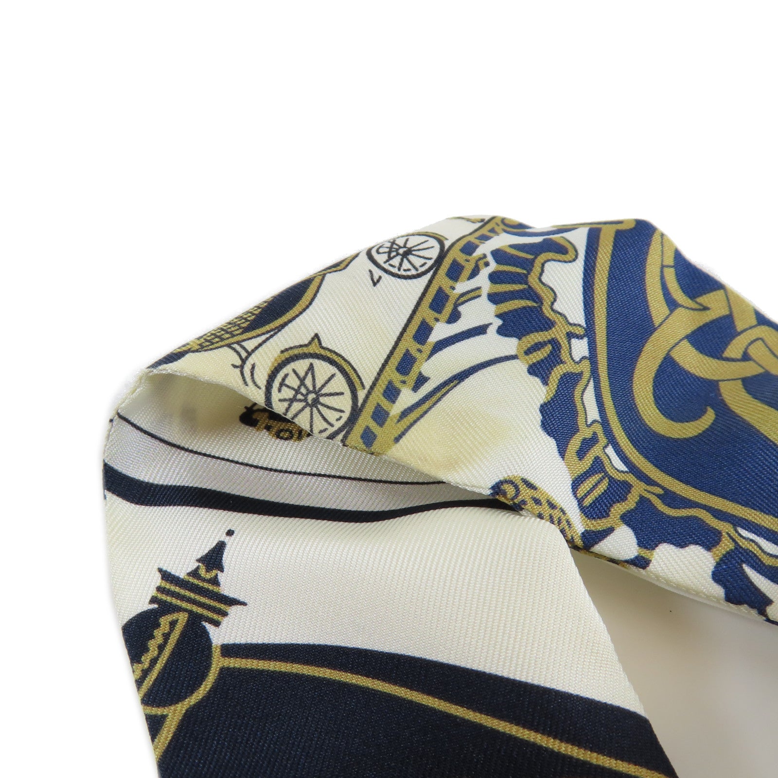HERMES 絲質Twilly Scarf絲巾深藍色/米色
