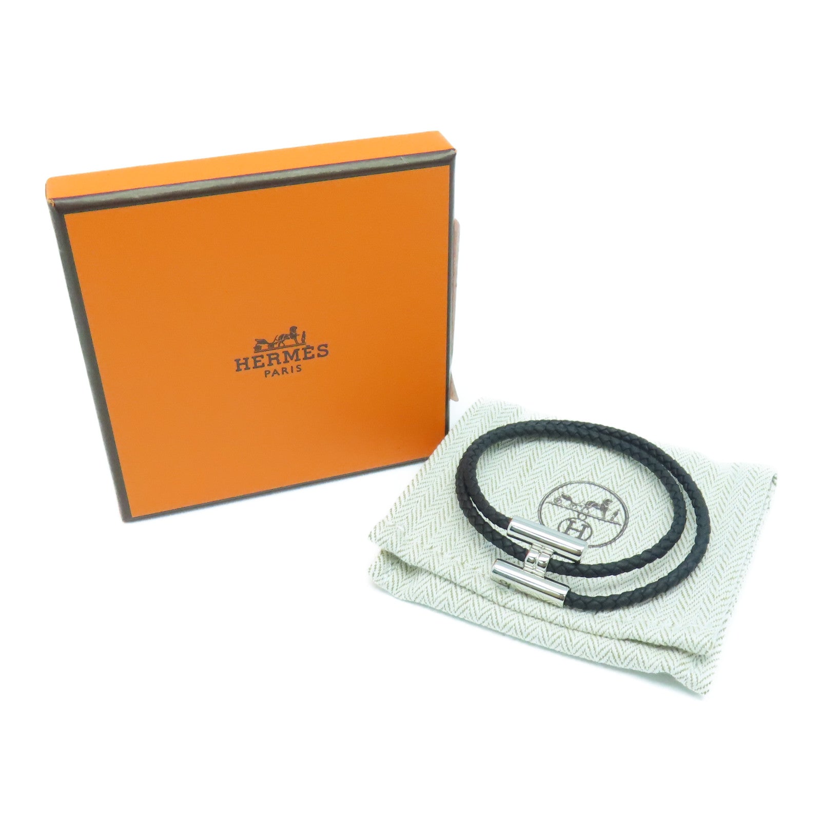 HERMES 牛皮皮革Tournis Tresse Bracelet银扣手环黑色