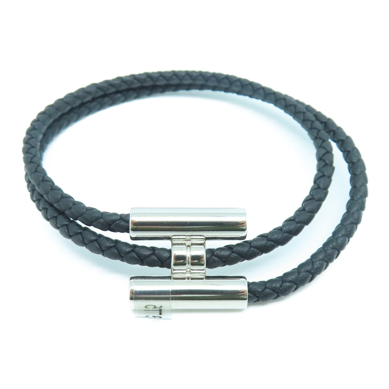 HERMES 牛皮皮革Tournis Tresse Bracelet银扣手环黑色