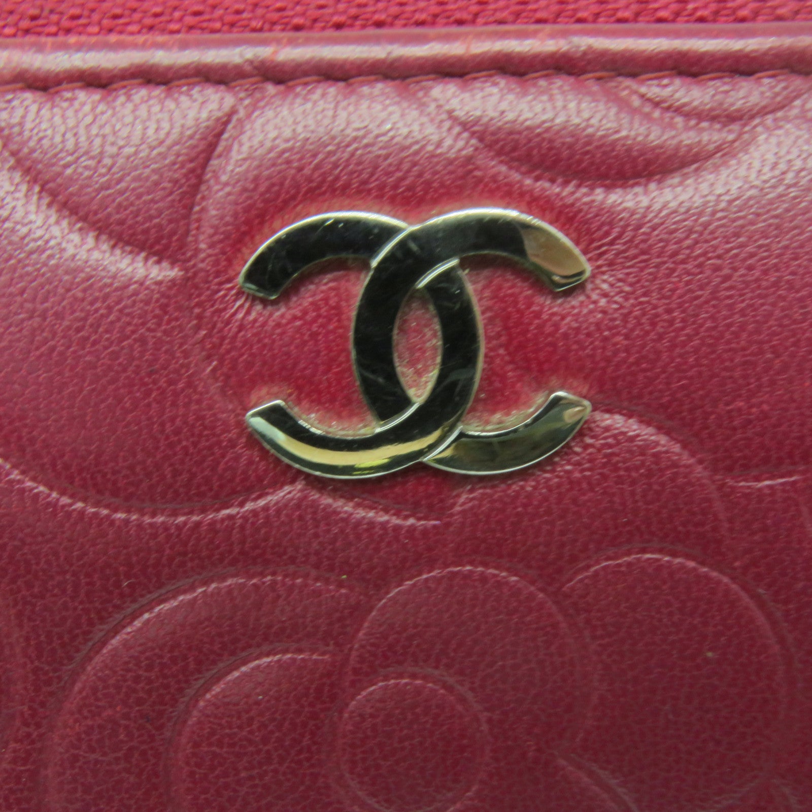 CHANEL sheepskin leather Long Wallet silver buckle long wallet red