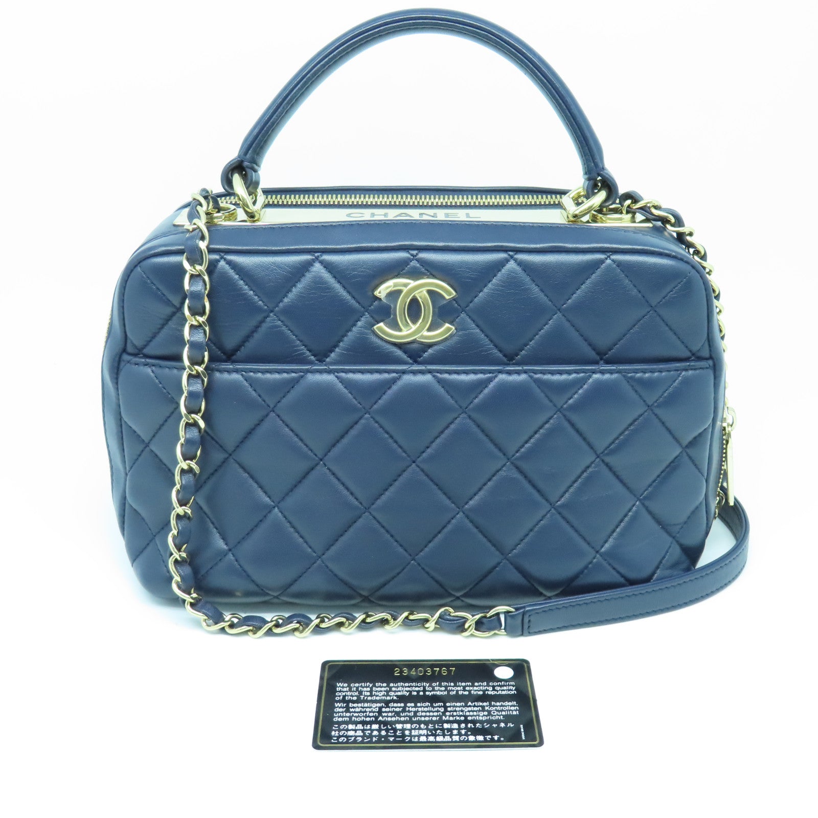 CHANEL 菱格羊皮皮革2way Shoulder Bag金扣手挽肩背兩用袋深藍色