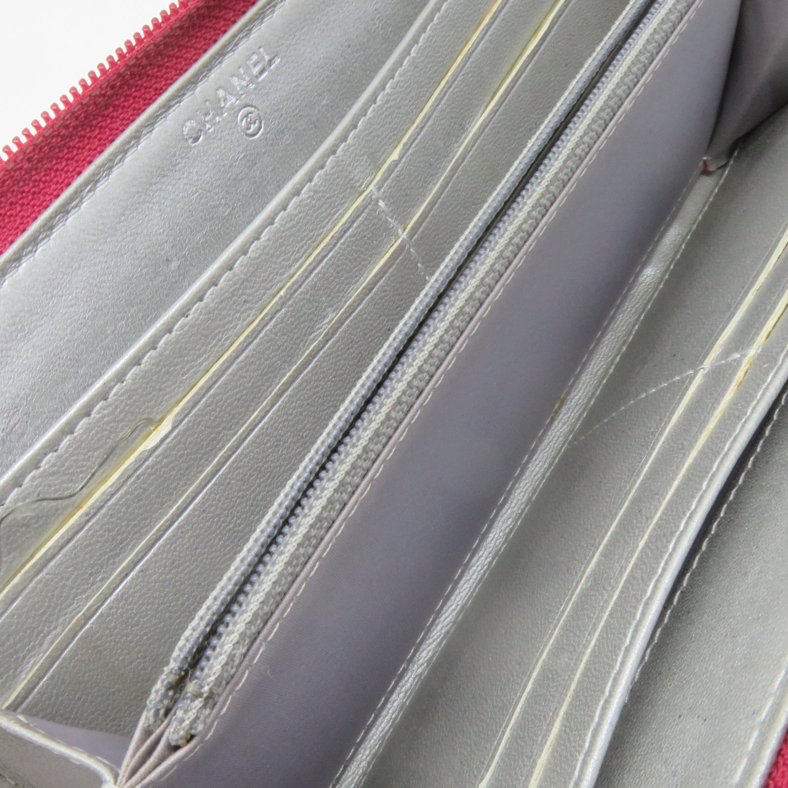 CHANEL sheepskin leather Long Wallet silver buckle long wallet red