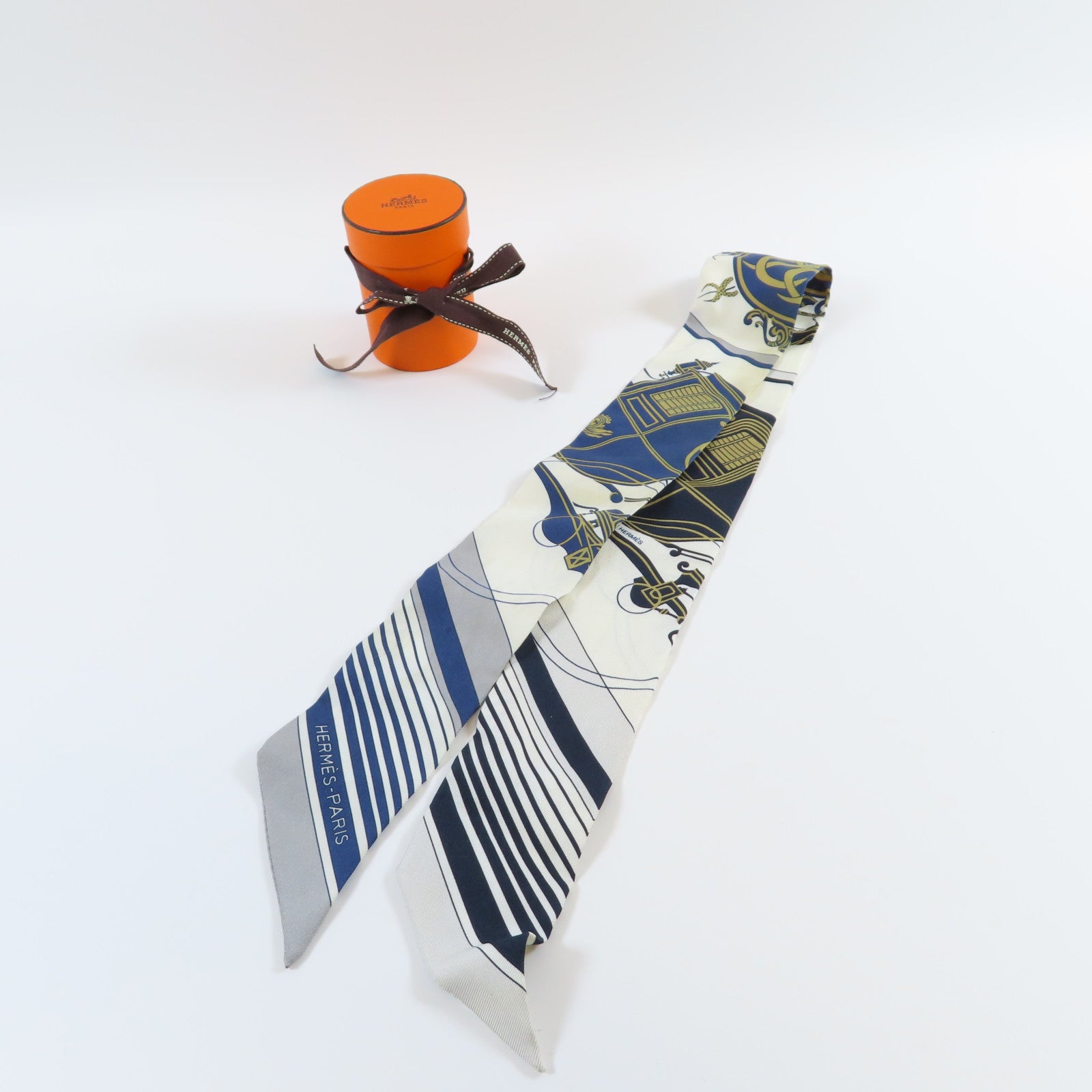 HERMES 絲質Twilly Scarf絲巾深藍色/米色