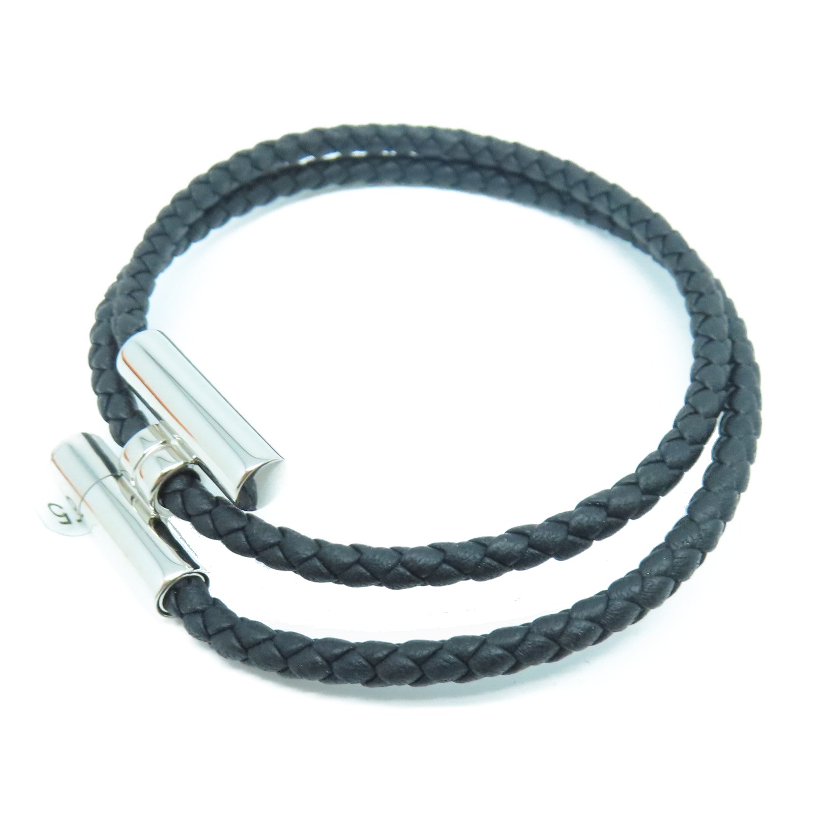 HERMES 牛皮皮革Tournis Tresse Bracelet银扣手环黑色
