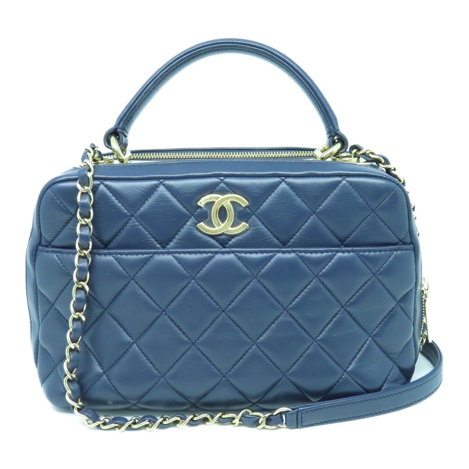 CHANEL 菱格羊皮皮革2way Shoulder Bag金扣手挽肩背兩用袋深藍色