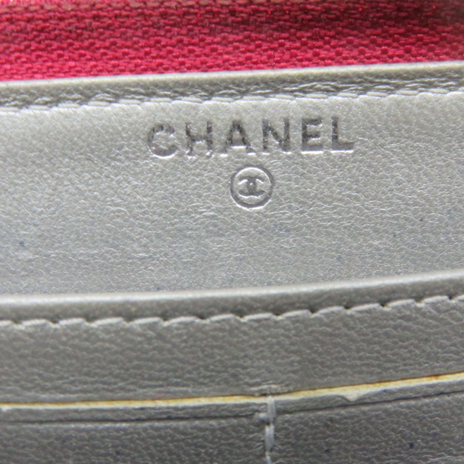 CHANEL sheepskin leather Long Wallet silver buckle long wallet red