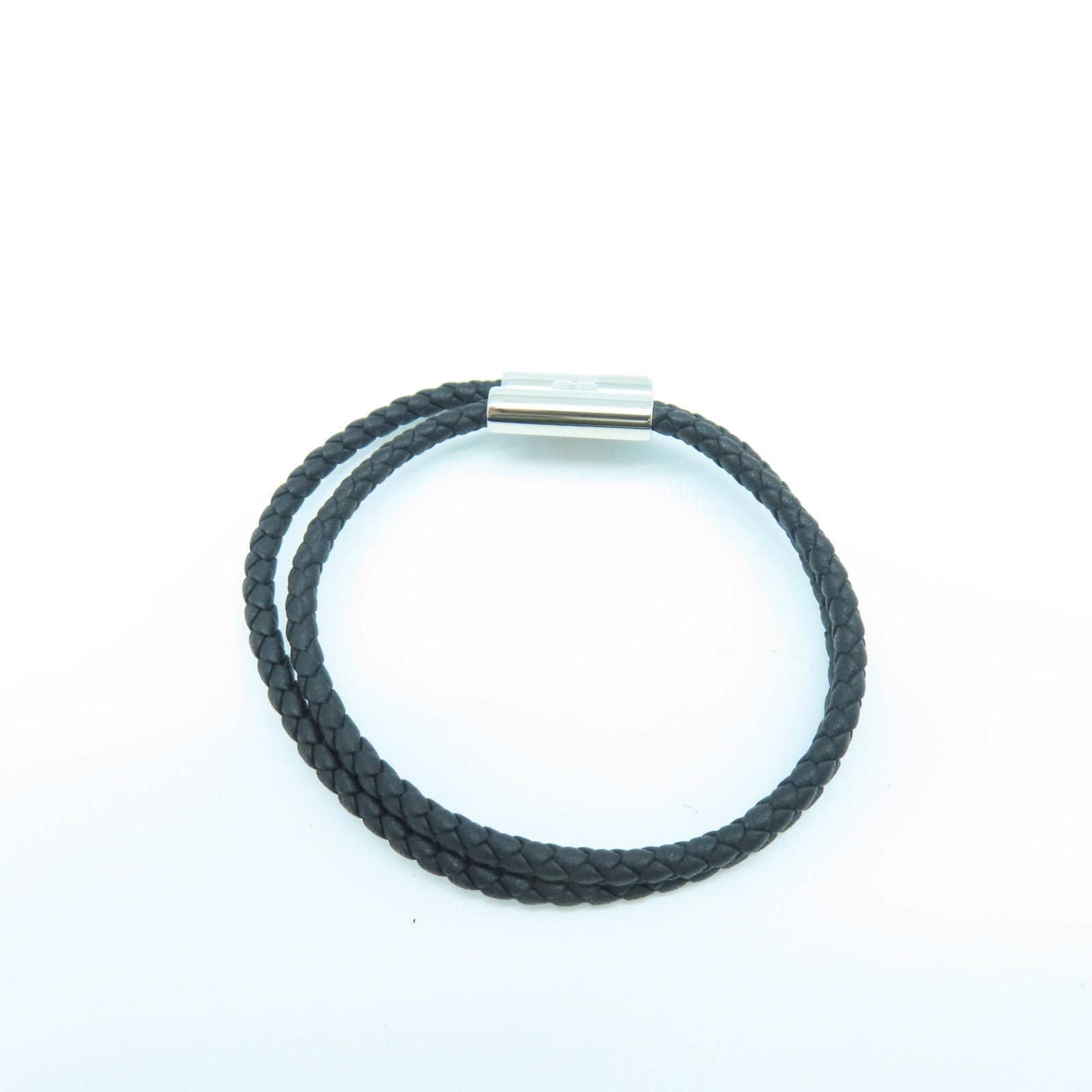 HERMES 牛皮皮革Tournis Tresse Bracelet银扣手环黑色