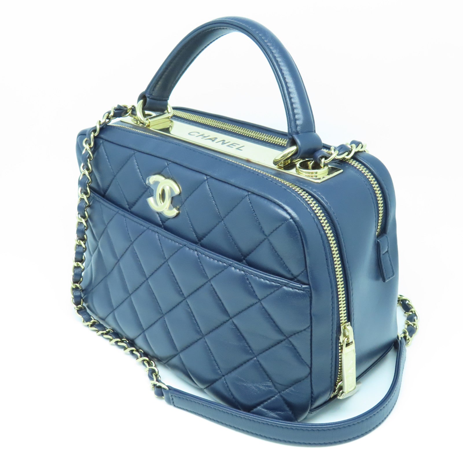 CHANEL 菱格羊皮皮革2way Shoulder Bag金扣手挽肩背兩用袋深藍色