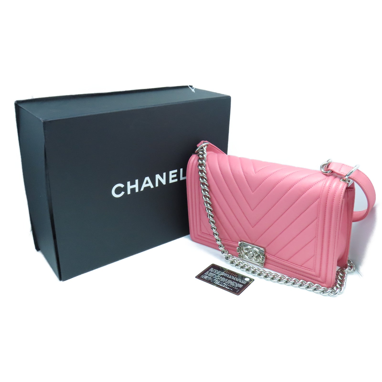 CHANEL 【激減優惠】斜紋牛皮皮革Boy Chanel 28cm金扣鏈帶肩背袋粉紅色