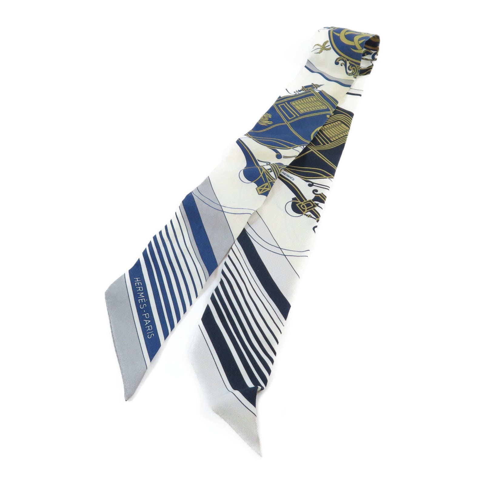HERMES 絲質Twilly Scarf絲巾深藍色/米色