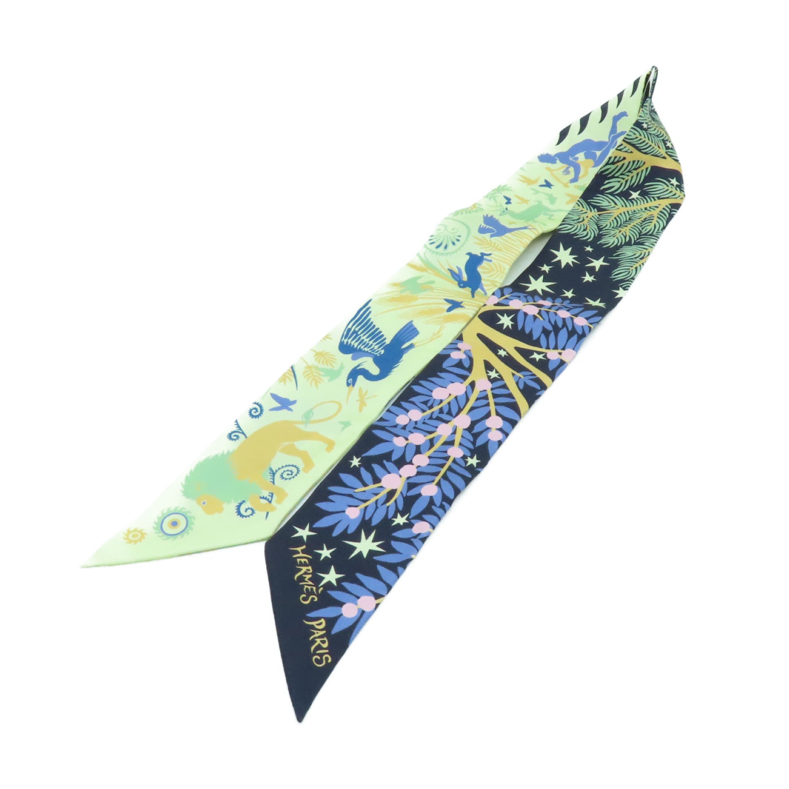 HERMES 絲質Twilly絲巾深藍色/淺綠色/彩色