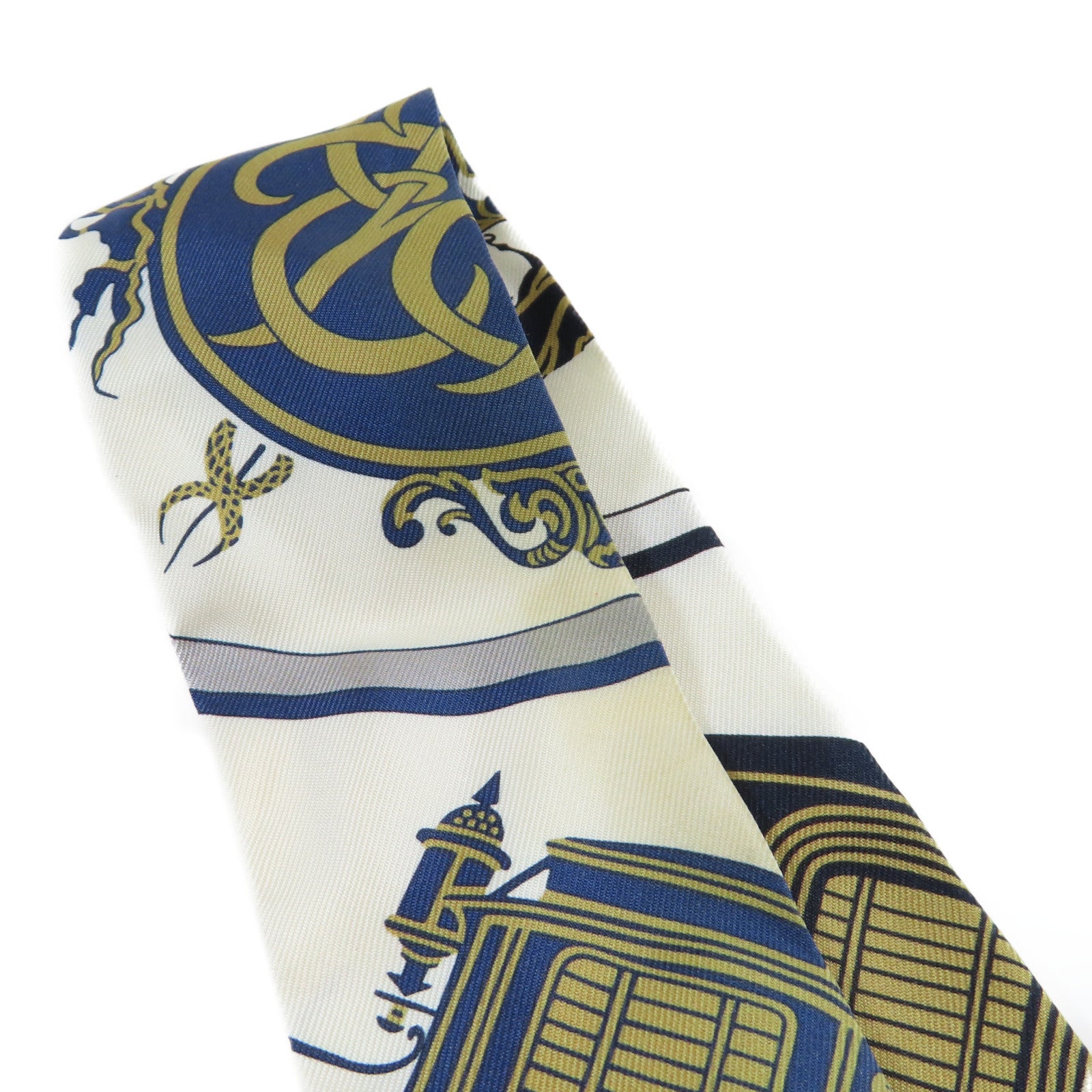 HERMES 絲質Twilly Scarf絲巾深藍色/米色