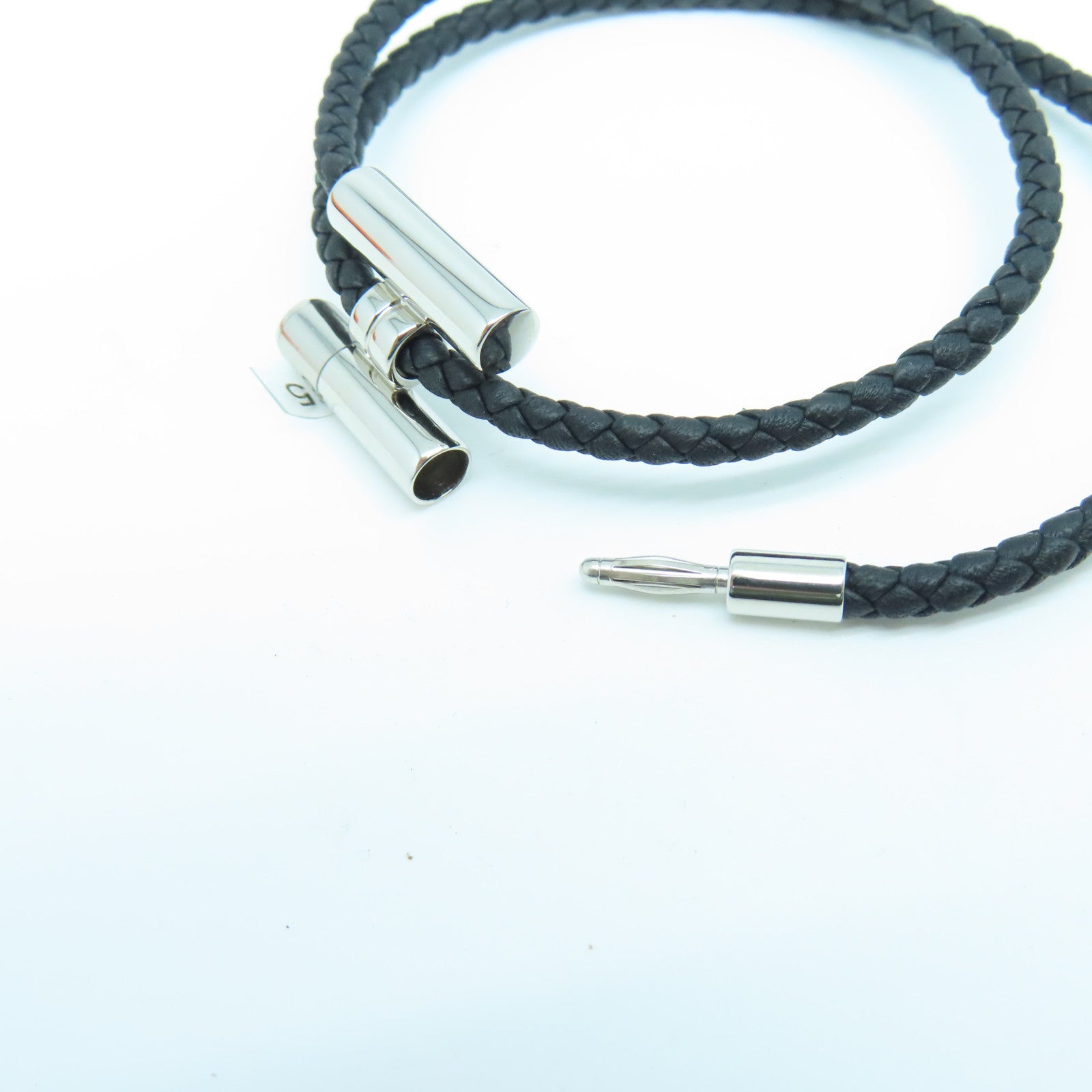 HERMES 牛皮皮革Tournis Tresse Bracelet银扣手环黑色