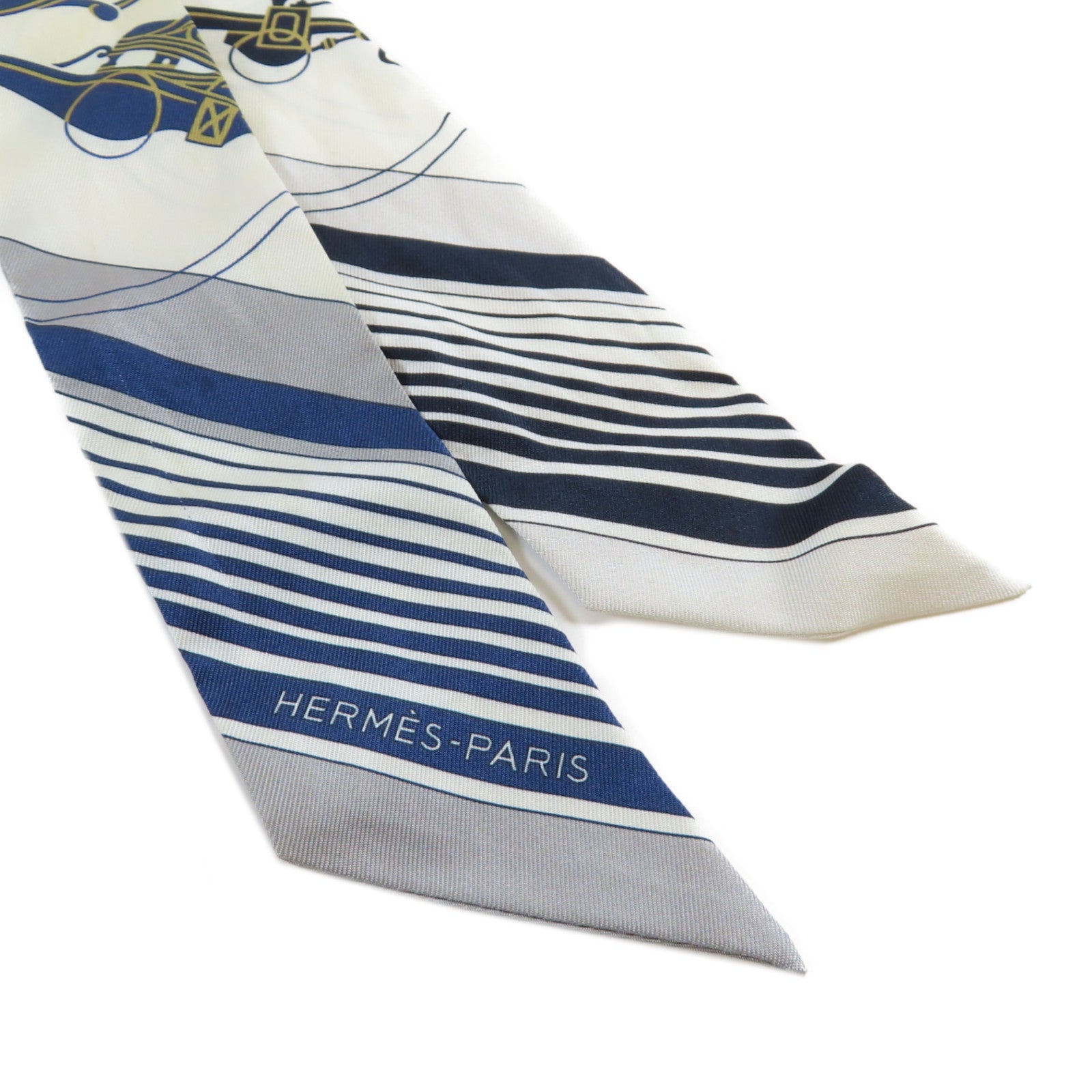 HERMES 絲質Twilly Scarf絲巾深藍色/米色