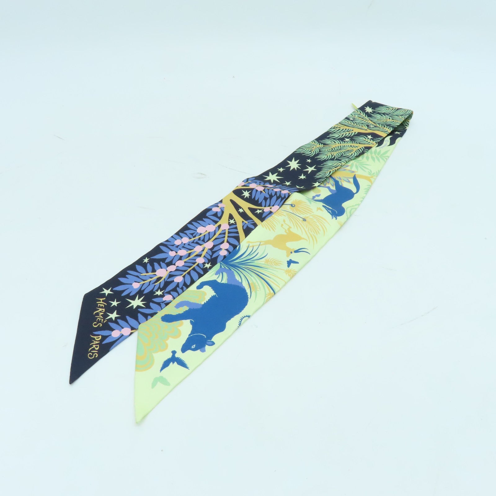 HERMES 絲質Twilly絲巾深藍色/淺綠色/彩色