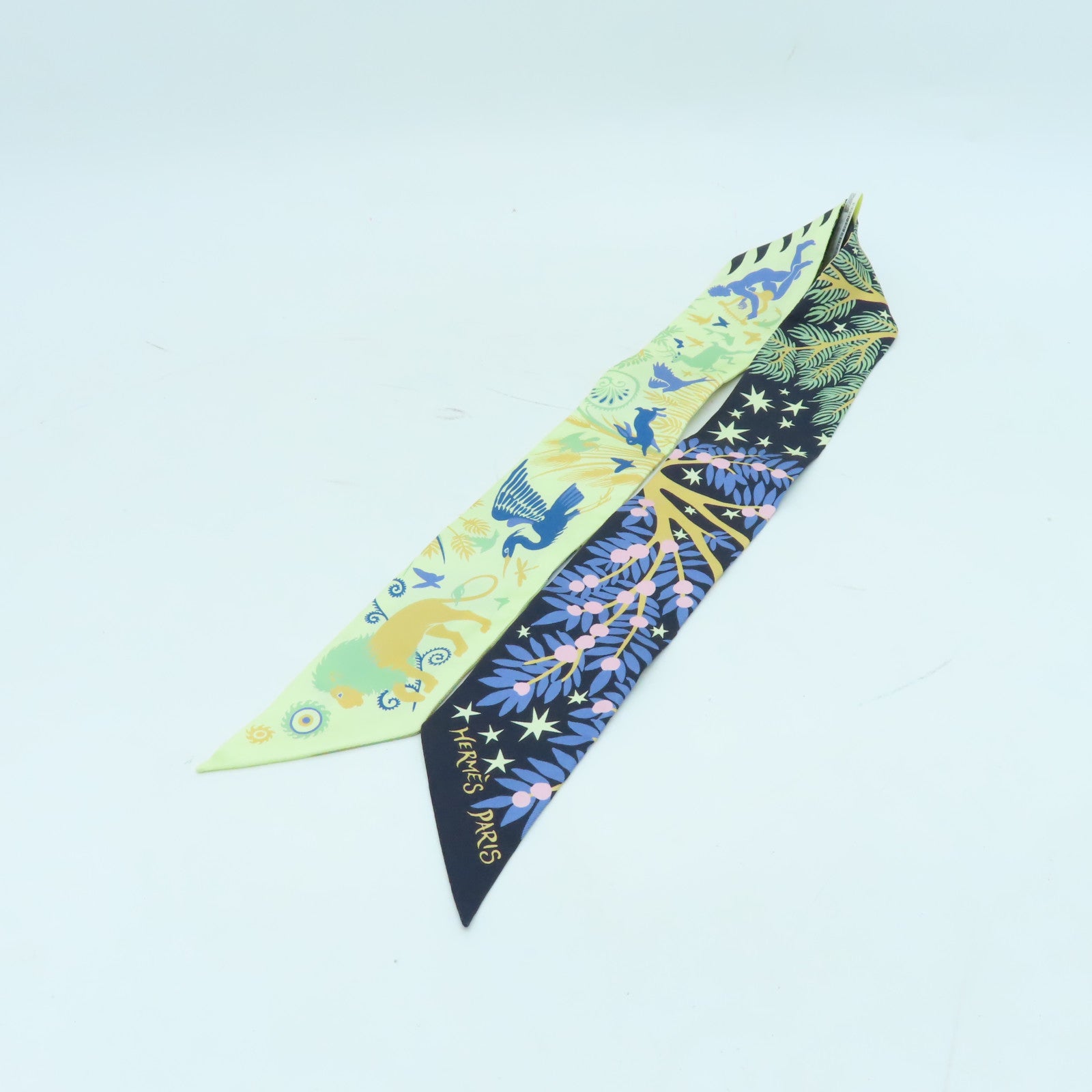 HERMES 絲質Twilly絲巾深藍色/淺綠色/彩色