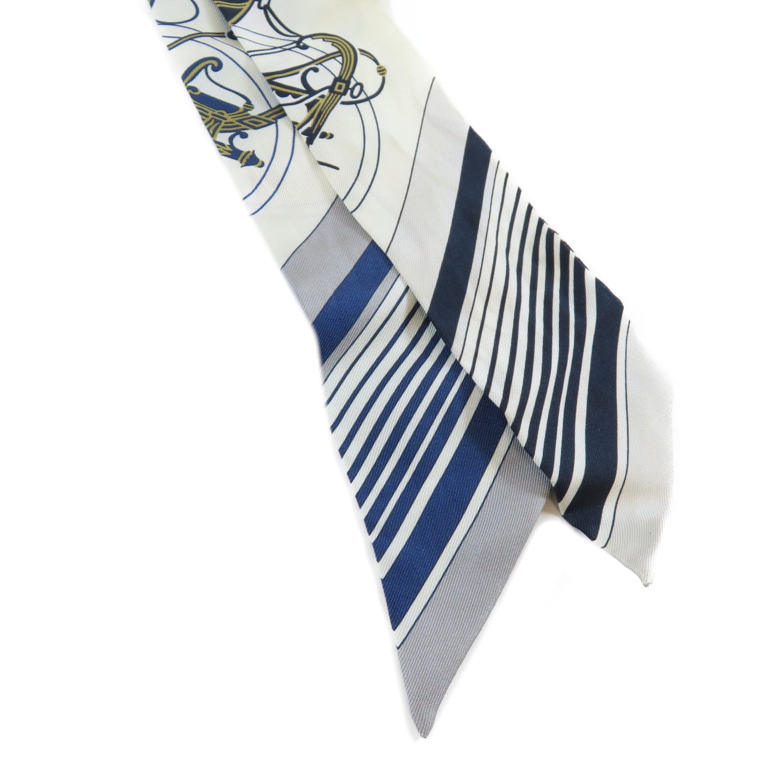HERMES 絲質Twilly Scarf絲巾深藍色/米色