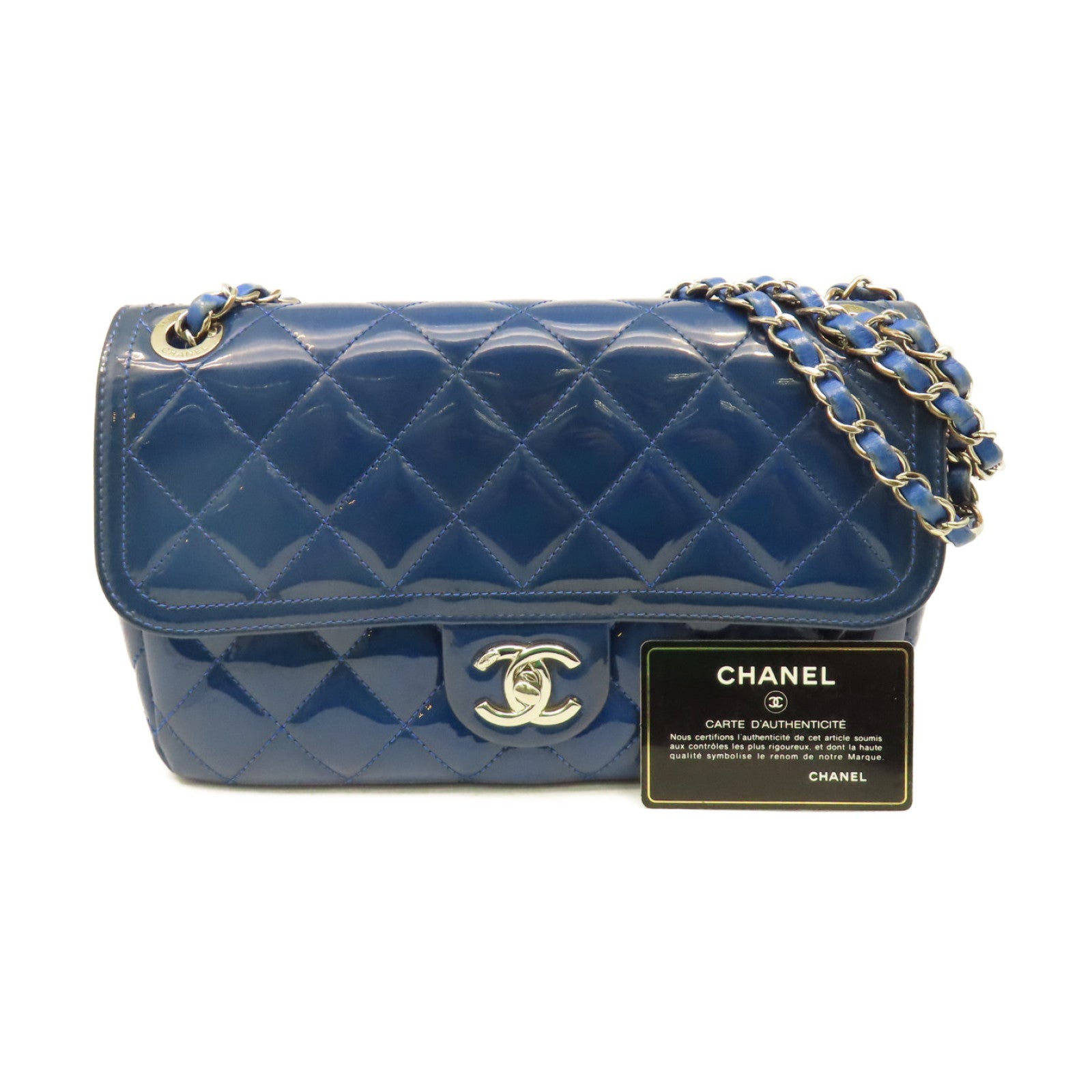 CHANEL 菱格漆皮皮革Chain Shoulder Bag銀扣鏈帶肩背袋藍色
