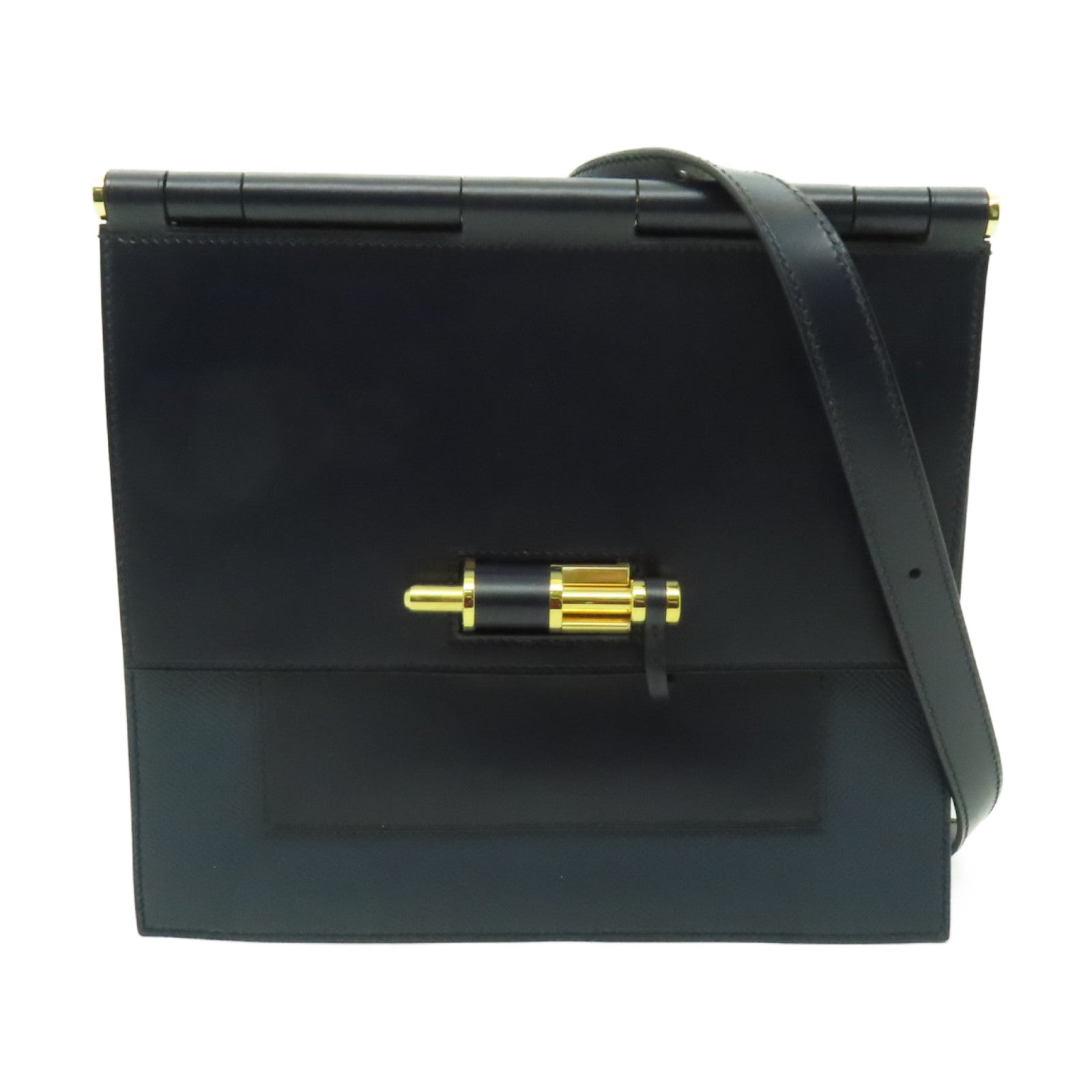 HERMES Epsom皮革Sacabar金扣肩背袋深藍色
