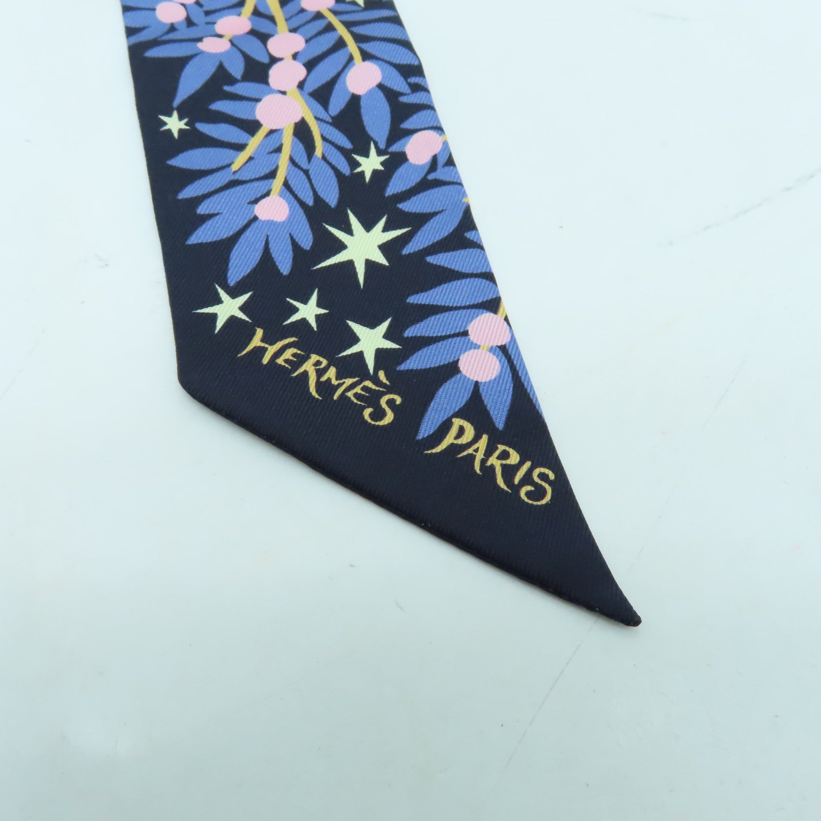 HERMES 絲質Twilly絲巾深藍色/淺綠色/彩色