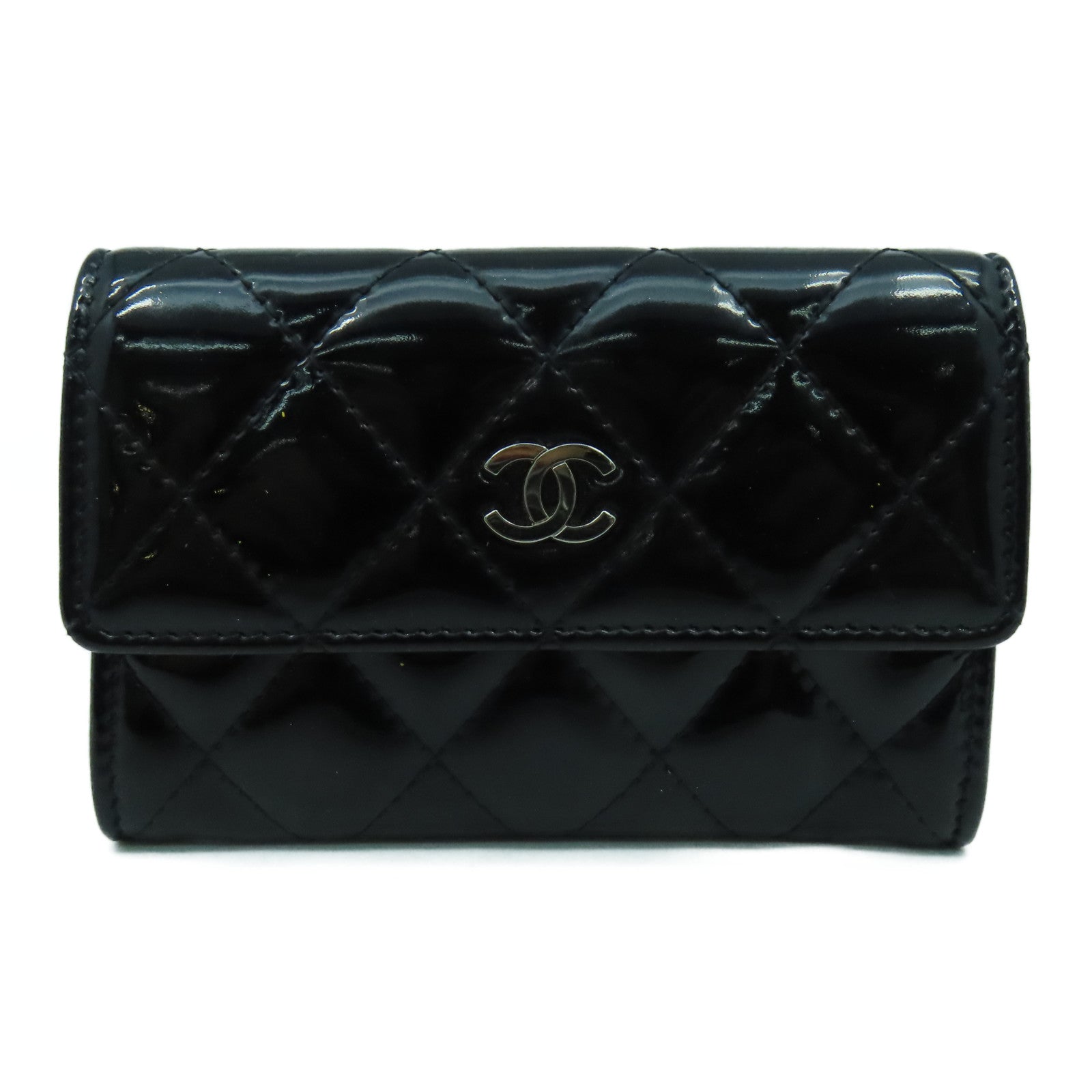 CHANEL 菱格漆皮皮革Card Case銀扣卡片套黑色