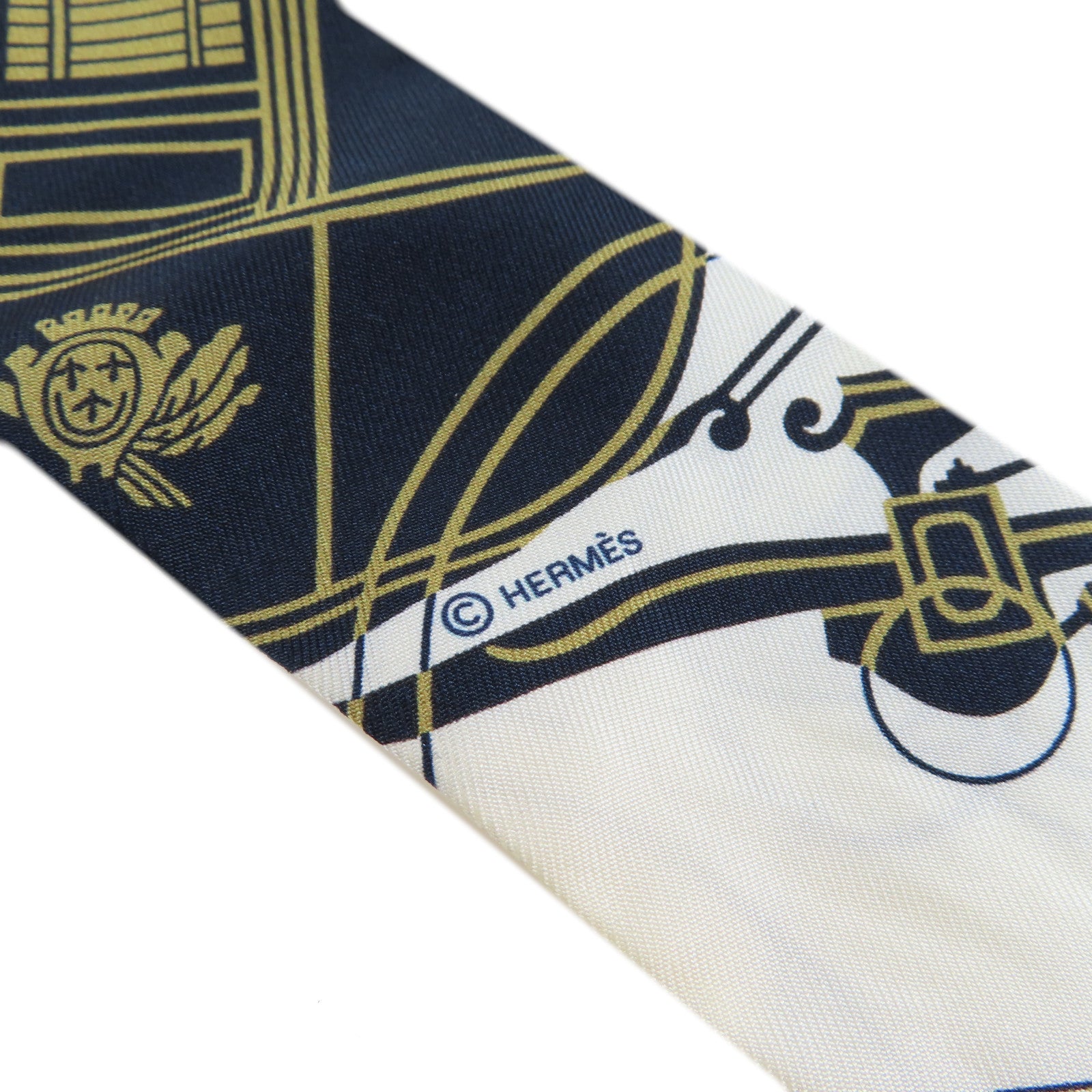 HERMES 絲質Twilly Scarf絲巾深藍色/米色