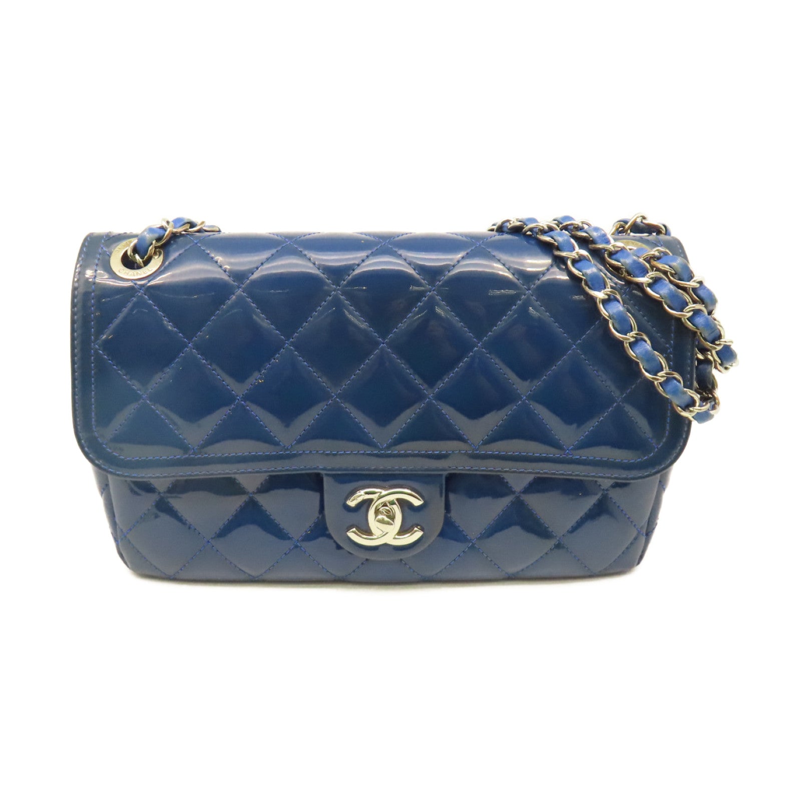 CHANEL 菱格漆皮皮革Chain Shoulder Bag銀扣鏈帶肩背袋藍色