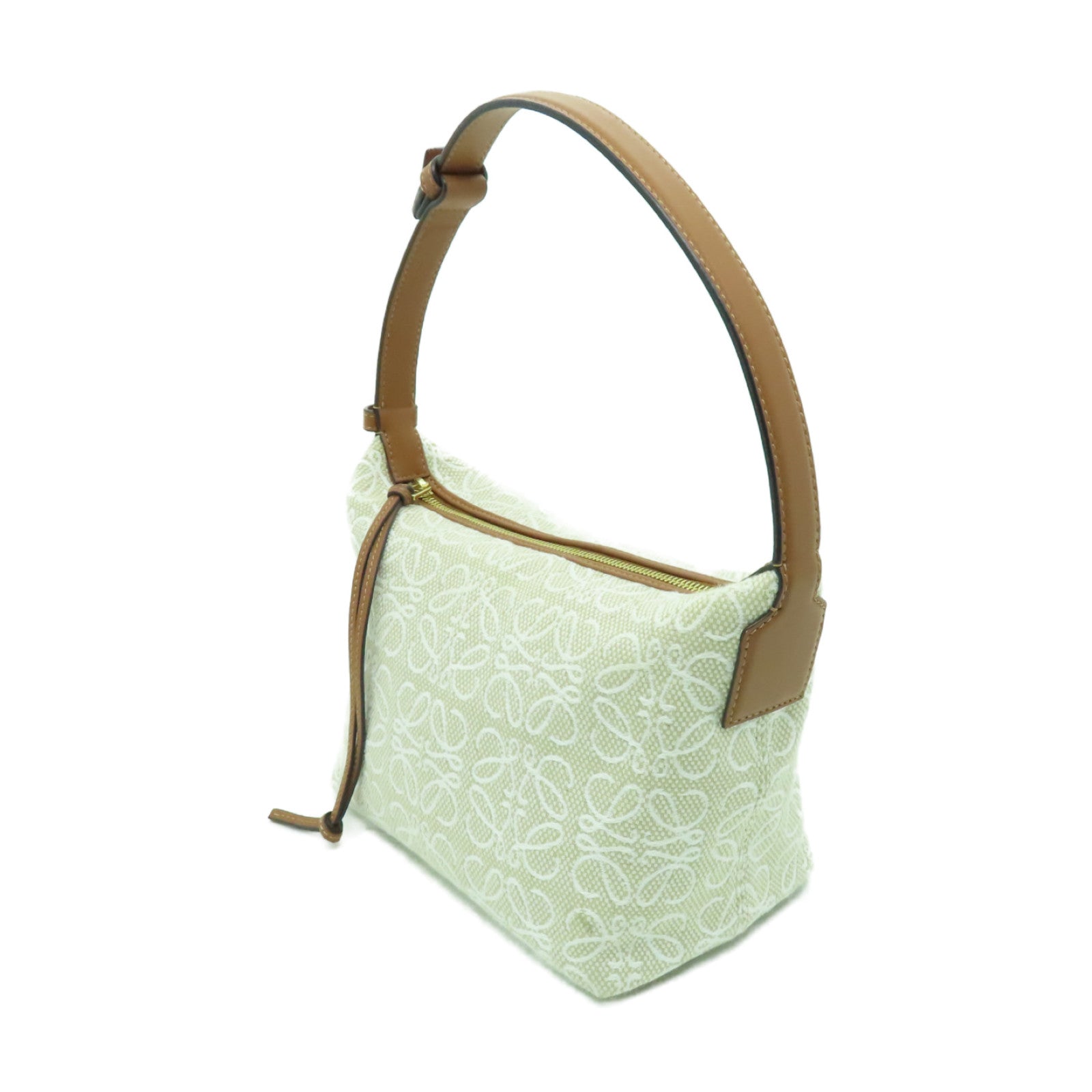 LOEWE 帆布/皮革Cubi金扣肩背袋白色/啡色