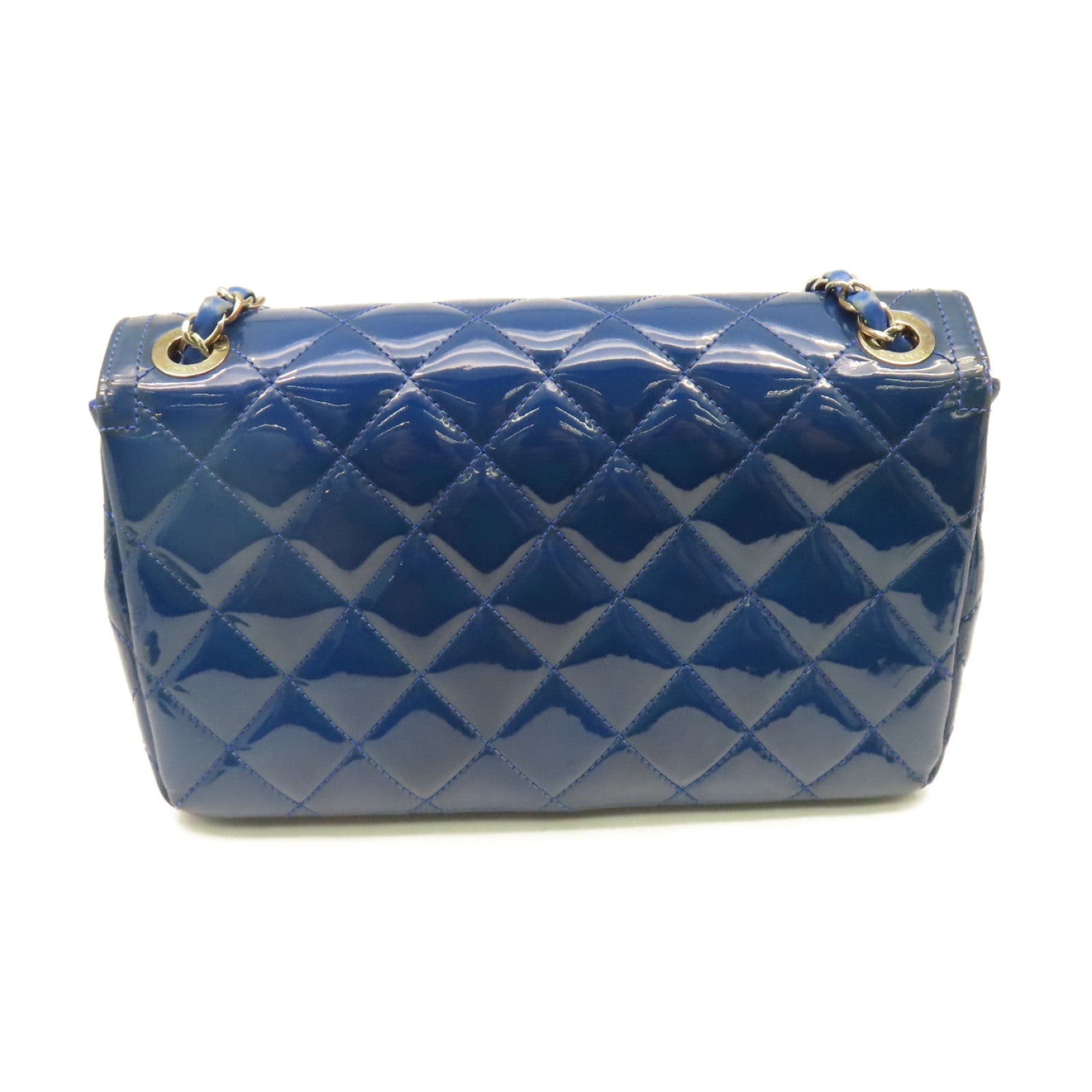 CHANEL 菱格漆皮皮革Chain Shoulder Bag銀扣鏈帶肩背袋藍色