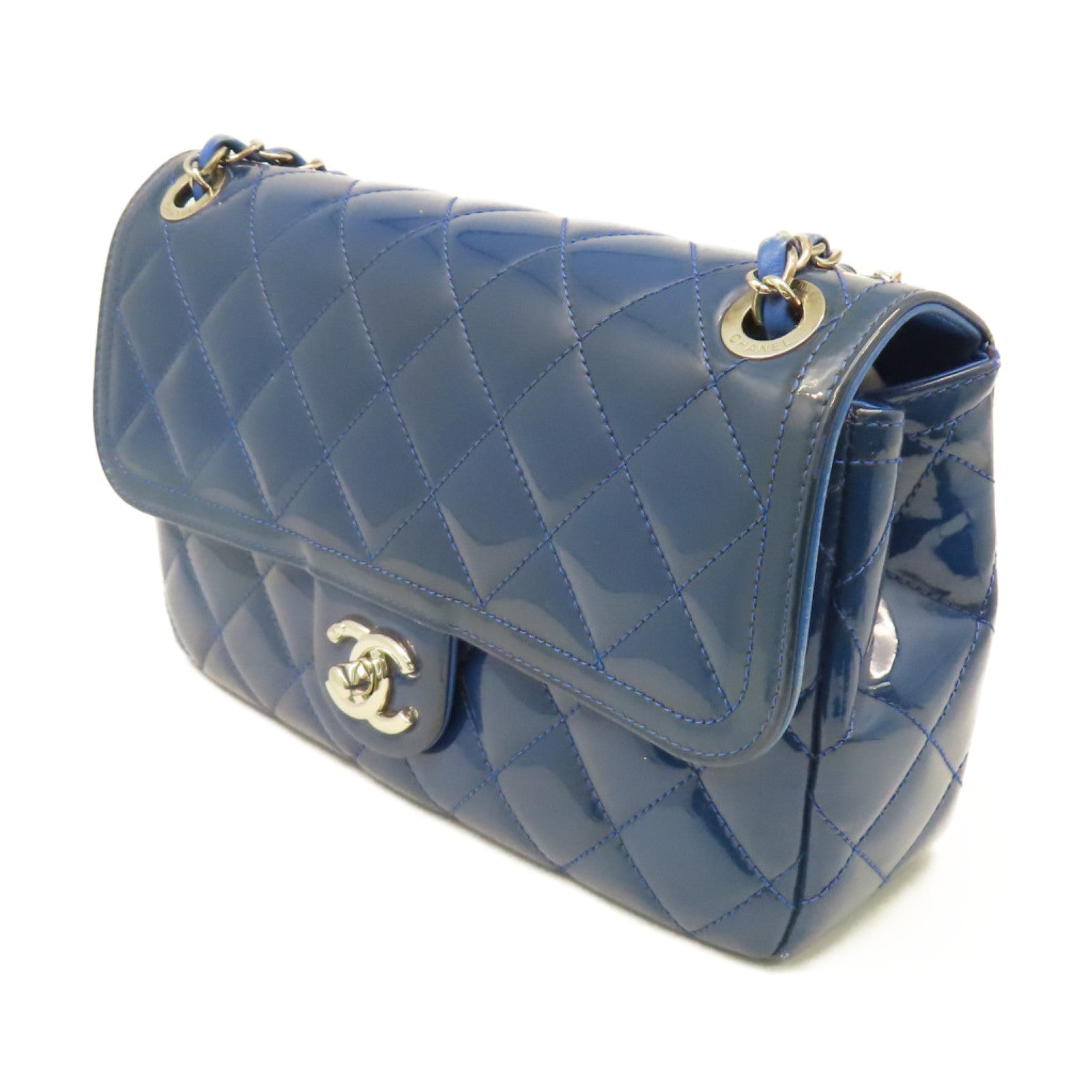 CHANEL 菱格漆皮皮革Chain Shoulder Bag銀扣鏈帶肩背袋藍色